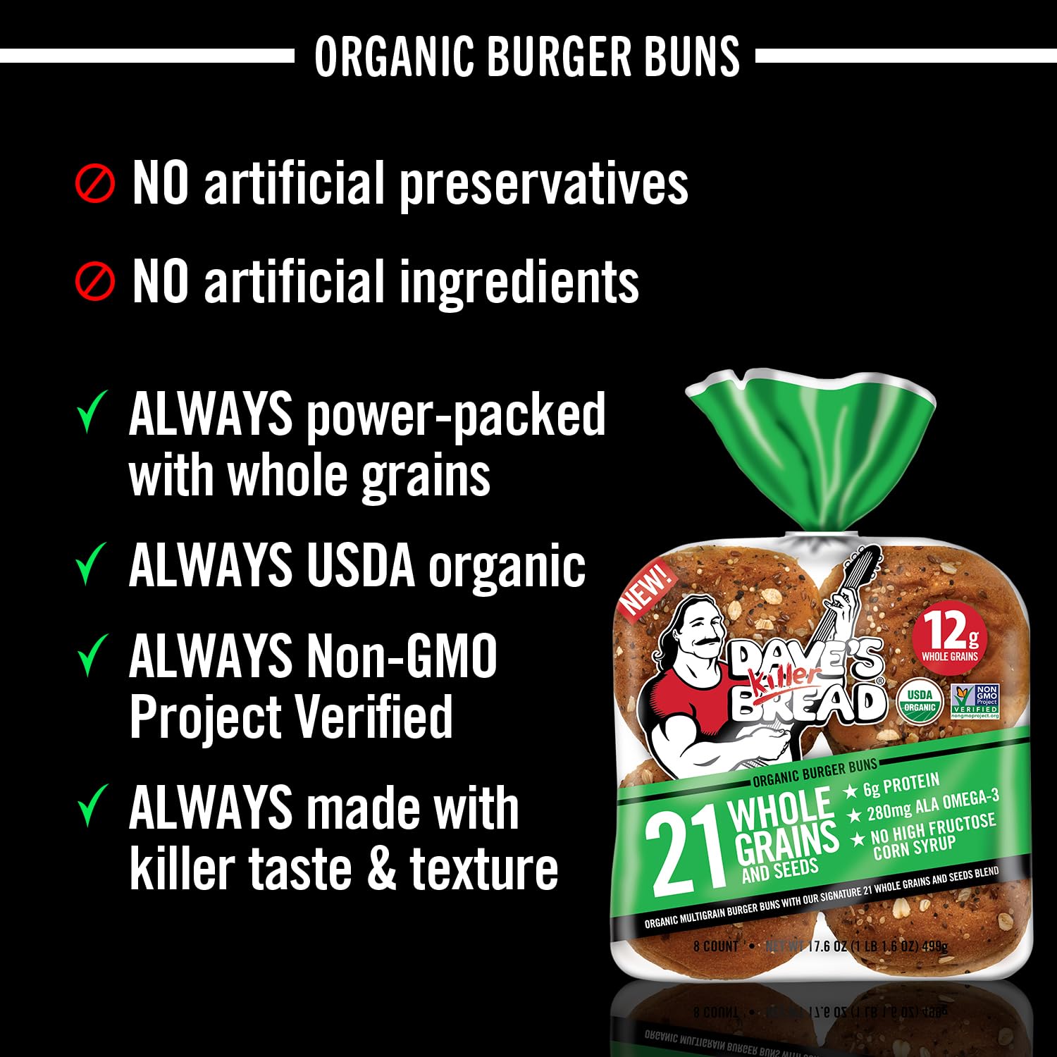 Dave's Killer Bread 21 Whole Grains & Seeds Burger Buns, Organic Hamburger Buns, 8 Count