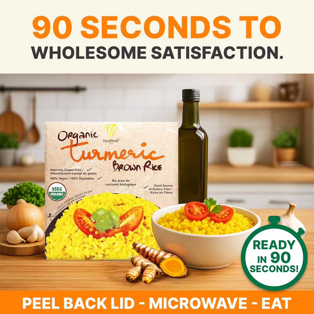 Healthee Organic Brown Rice, Gluten Free, Fully Cooked and Ready-to-Eat, USDA Certified Organic, GMO-Free, Microwaveable (Turmeric, Pack of 12)