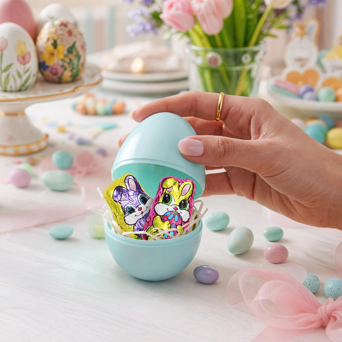 Easter Solid Milk Chocolate Mini Bunnies - 1 Pound Bulk Bag Individually Foil Wrapped Easter Chocolate Bunnies Candy for Easter Baskets, Egg Hunts