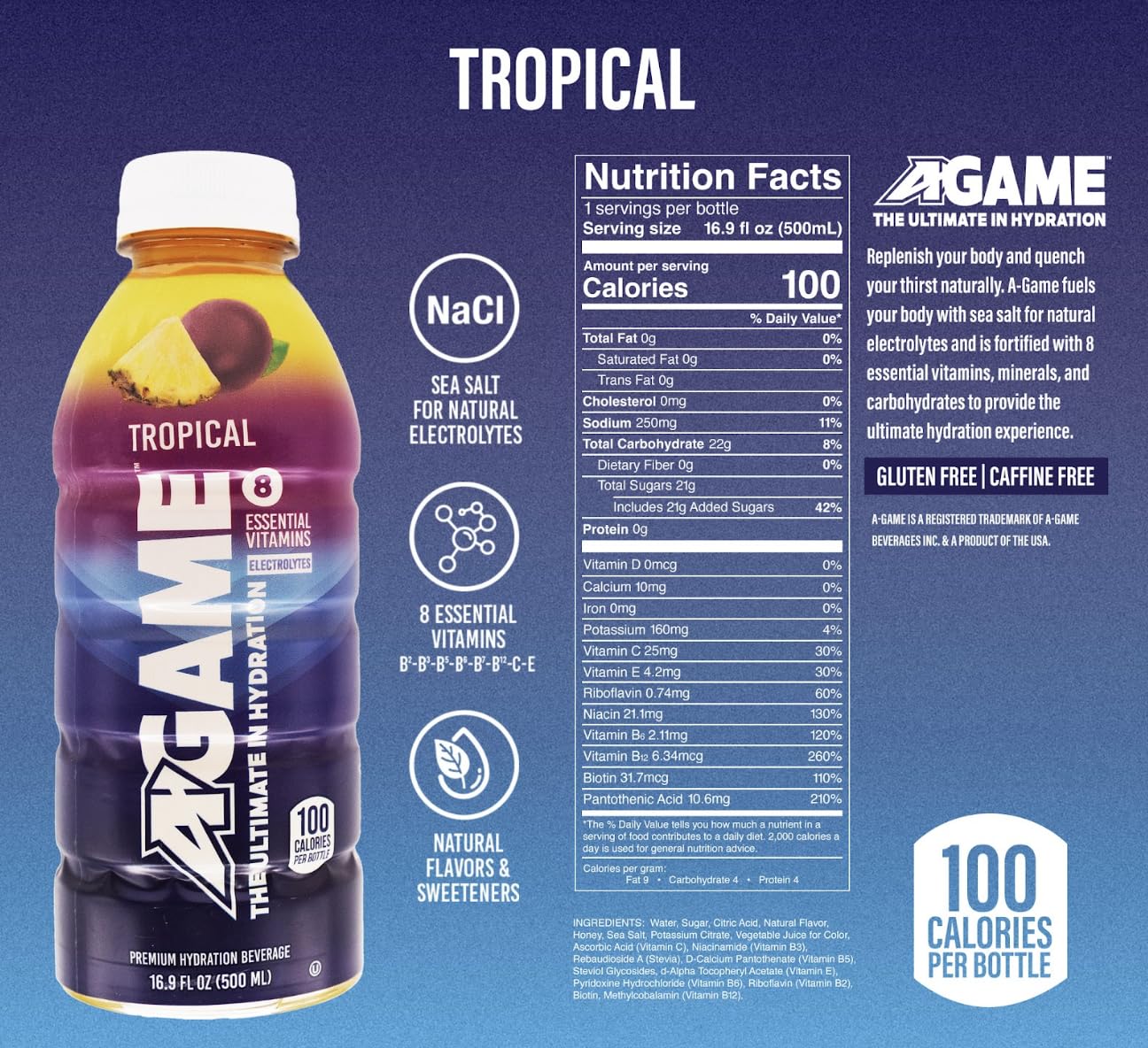 A-GAME Sports Drink, Tropical, The Ultimate Hydration Sports Beverage for Athletes, 8 Essential Vitamins including B, C, & E plus Natural Sea Salt