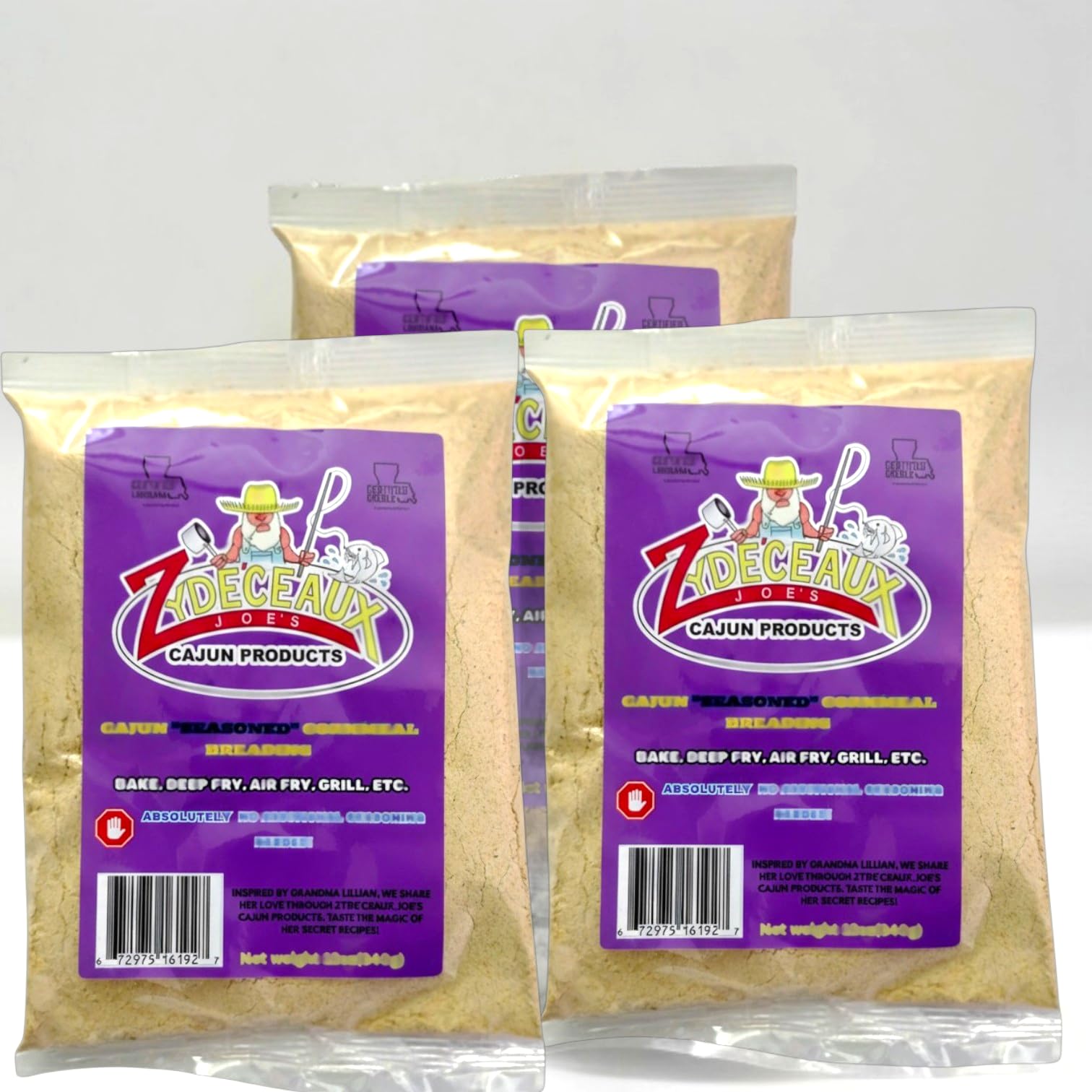 Our Premium Cajun Fish Fry Breading delivers authentic Louisiana flavor in every batch. This three-pack of 12oz bags provides enough cornmeal breading