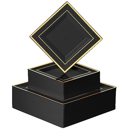 BloominGoods 100 PCS Disposable Plastic Black Square Plates, 100-Pack 6.5 & 10 In. Combo Premium Heavy Duty Gold Rim Square Plastic Plates, Ideal