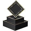 BloominGoods 100 PCS Disposable Plastic Black Square Plates, 100-Pack 6.5 & 10 In. Combo Premium Heavy Duty Gold Rim Square Plastic Plates, Ideal