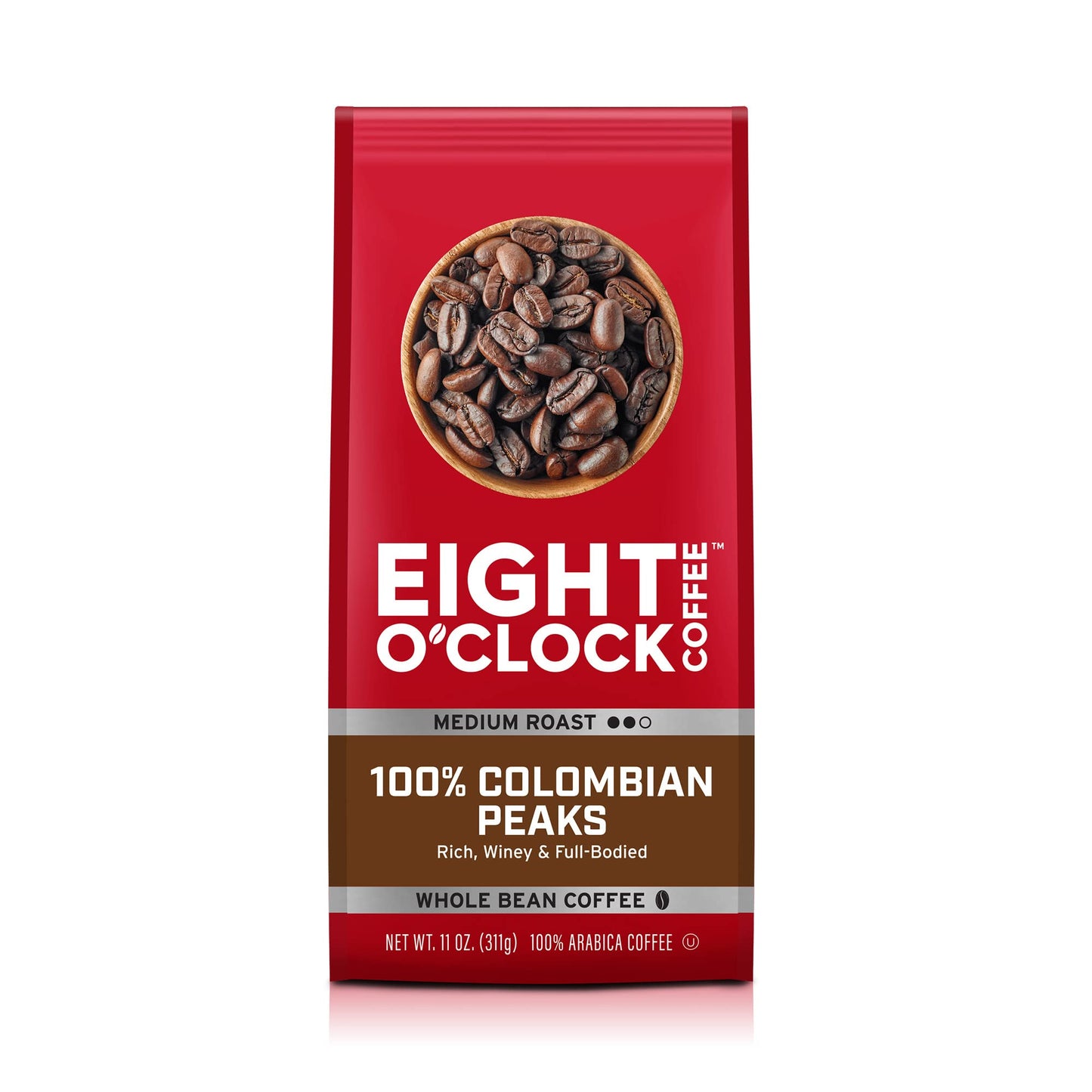 Eight O'Clock Coffee 100% Colombian Peaks Whole Bean Coffee, Medium Roast, 11 Ounce (Pack of 1) - Rich, Winey & Full Bodied