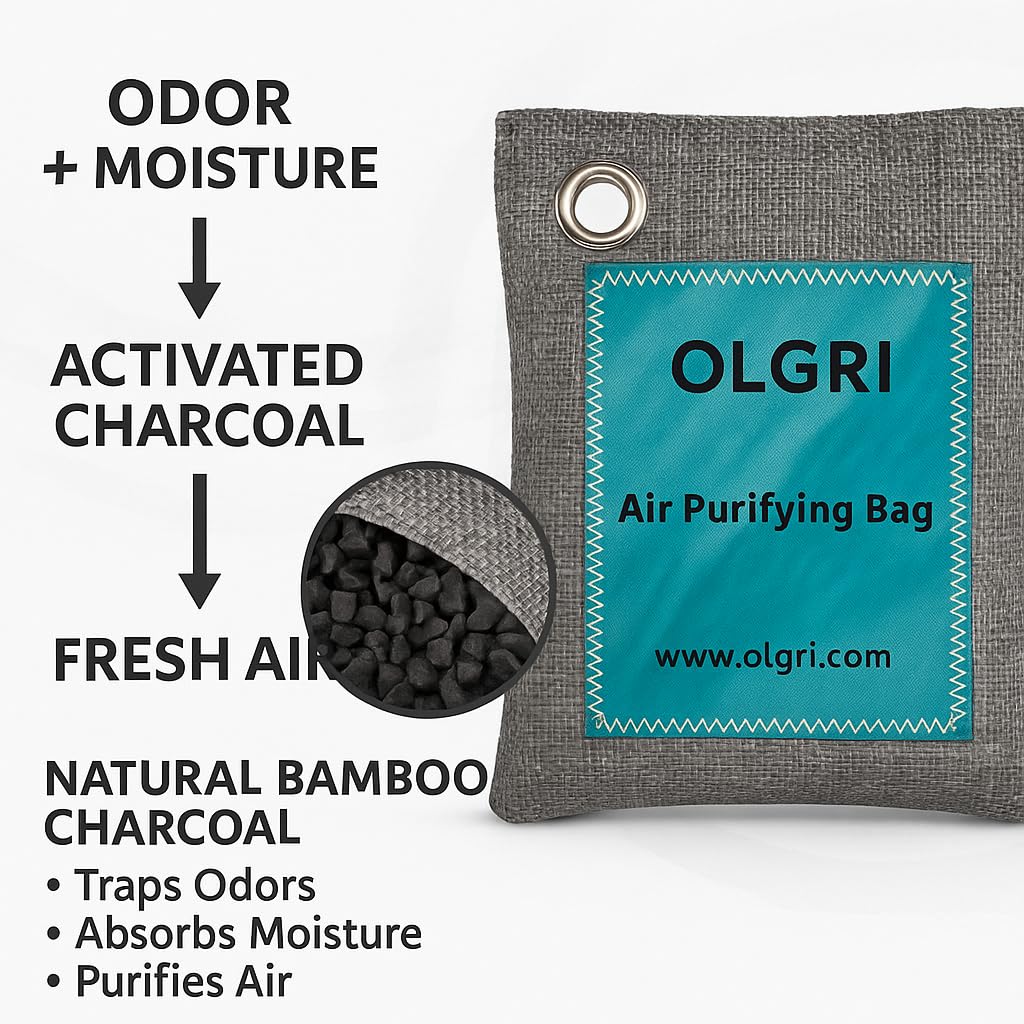 Charcoal Air Purifier Bags by OLGRI - Natural Odor Absorber for Cars, Bathrooms, Closets, Shoes & Pets - 4-Pack Bamboo Deodorizer with Activated