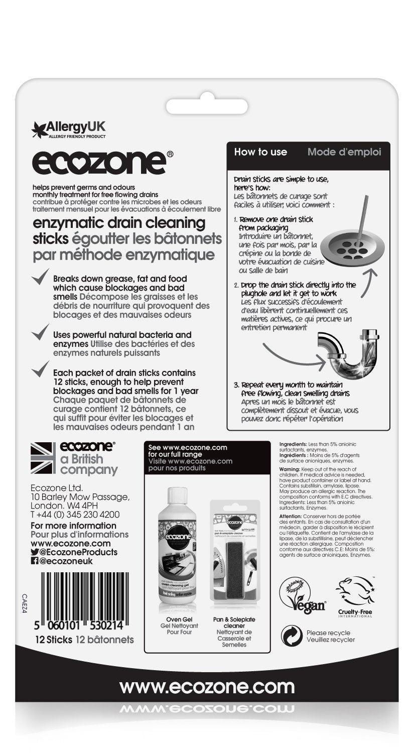 ECOZONE Enzymatic Drain Cleaning Sticks, 12 CT