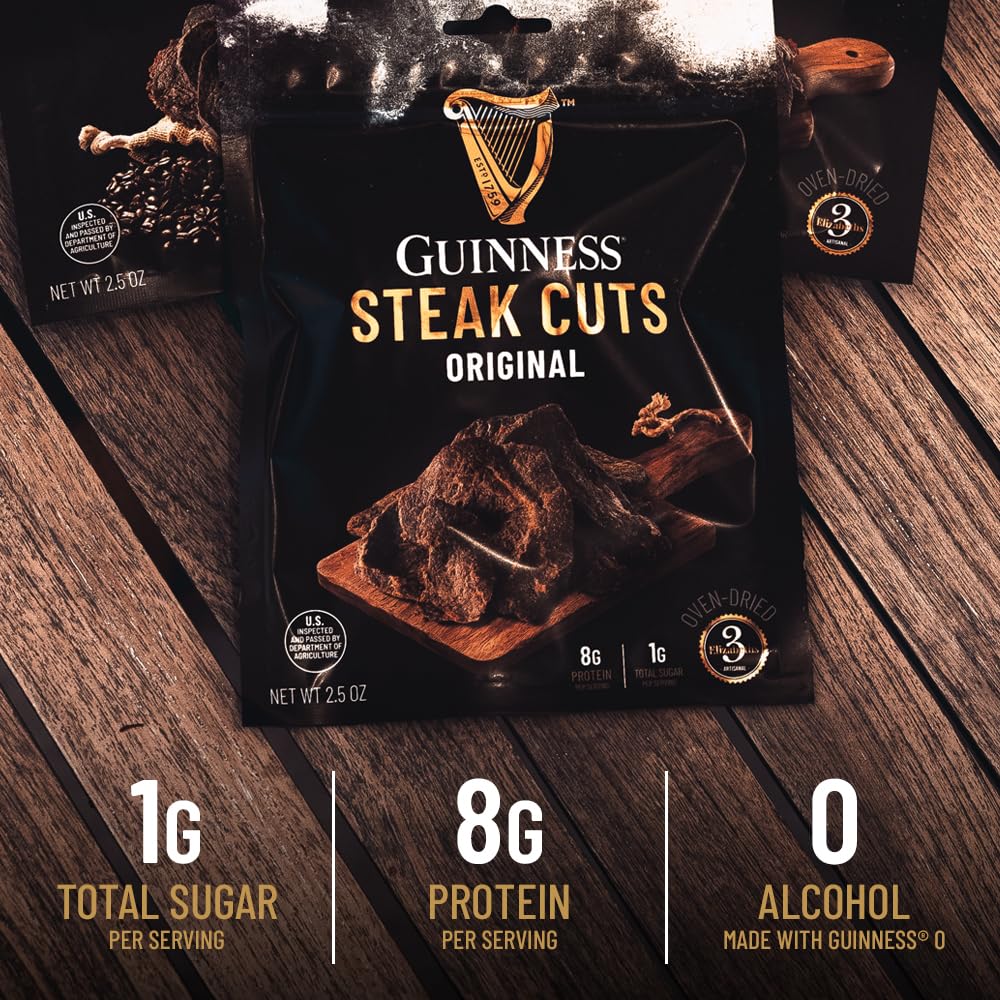 Guinness Steak Cuts, Original Flavor, 3 Pack (2.5 Ounce Bags) - Tender Real Steak Snack Marinated in Guinness 0.0 - Savory Pot Roast Flavor - Jerky
