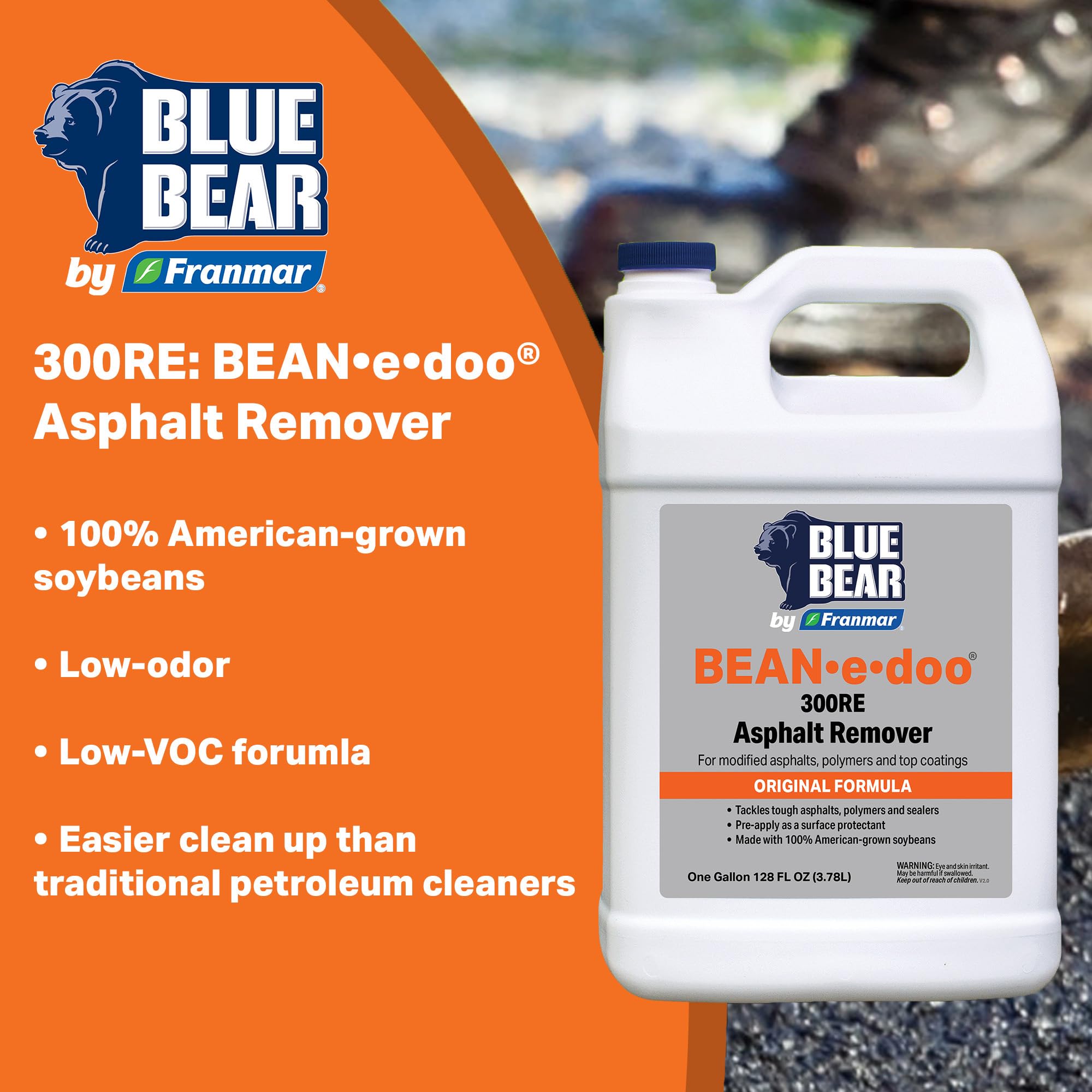 Blue Bear® 300RE BEAN•e•doo Asphalt Remover - Soy-Based, Biodegradable Cleaner & Protectant - Removes Tough Asphalt, Polymers, Sealers, Top Coatings