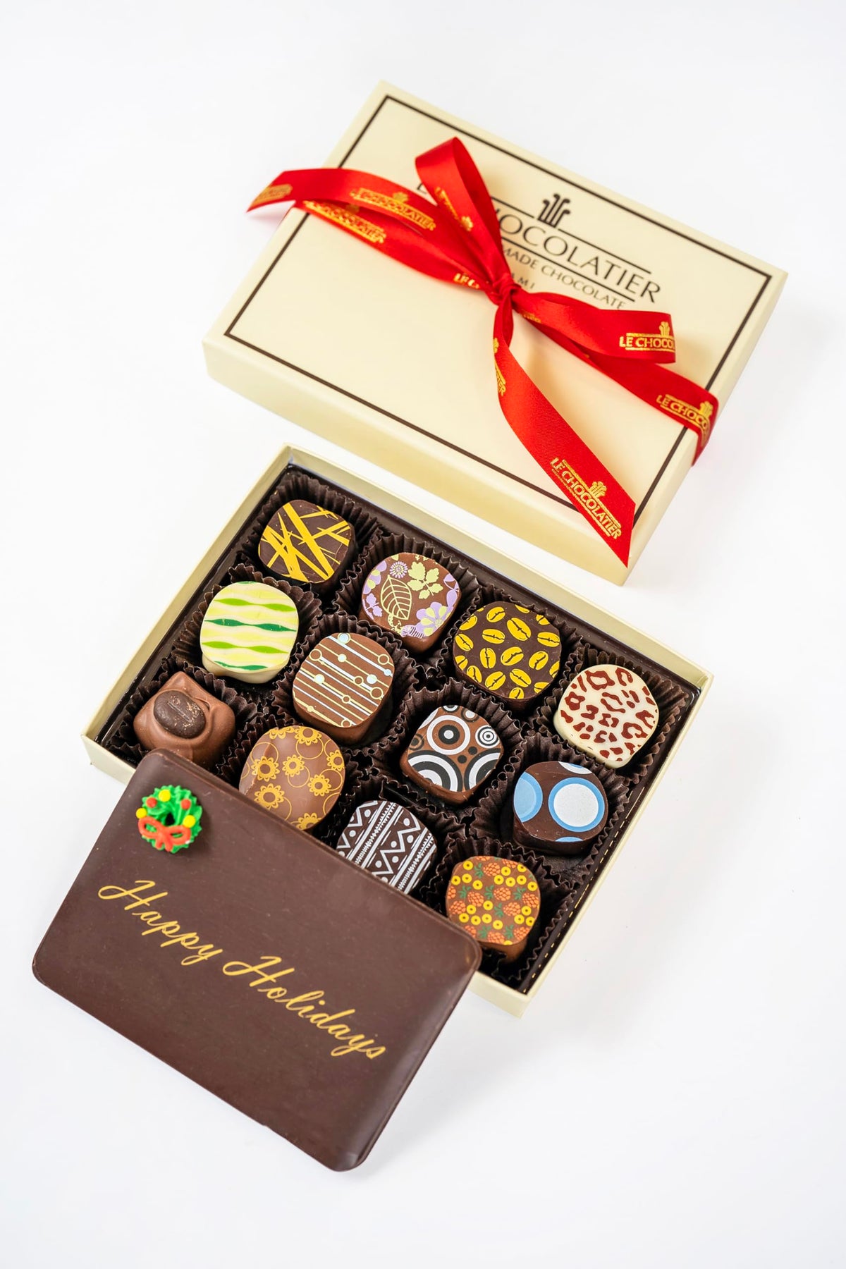 Le Chocolatier Happy Holidays Gourmet Chocolate Truffle Gift Box - Perfect for Chistmas & New Years Gifts (12 Piece Box)