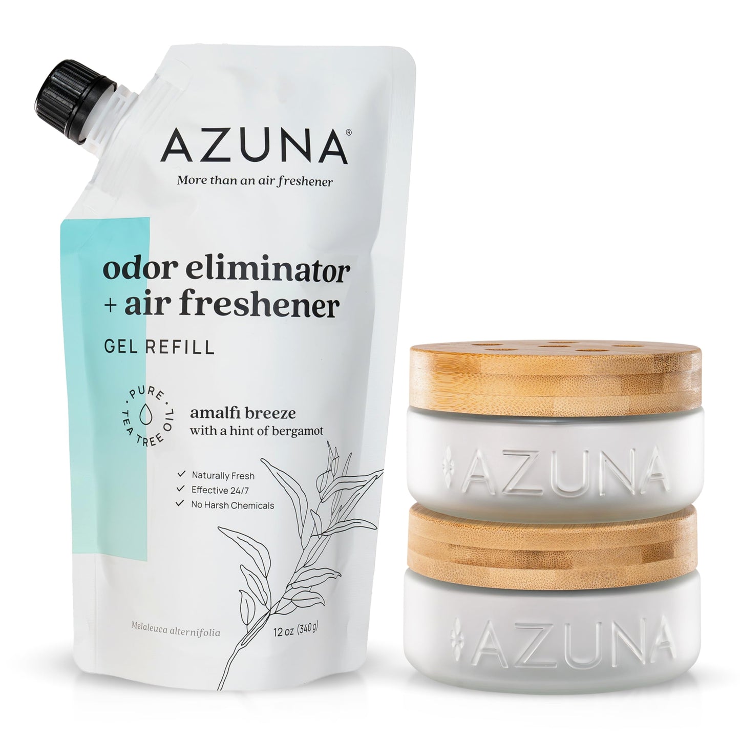 Azuna Air Freshener & Odor Eliminator for Strong Odor | 2 Room Kit Includes (2) 8 oz. Empty Luxe Glass Jars & 12 oz | Refill with Tea Tree Essential