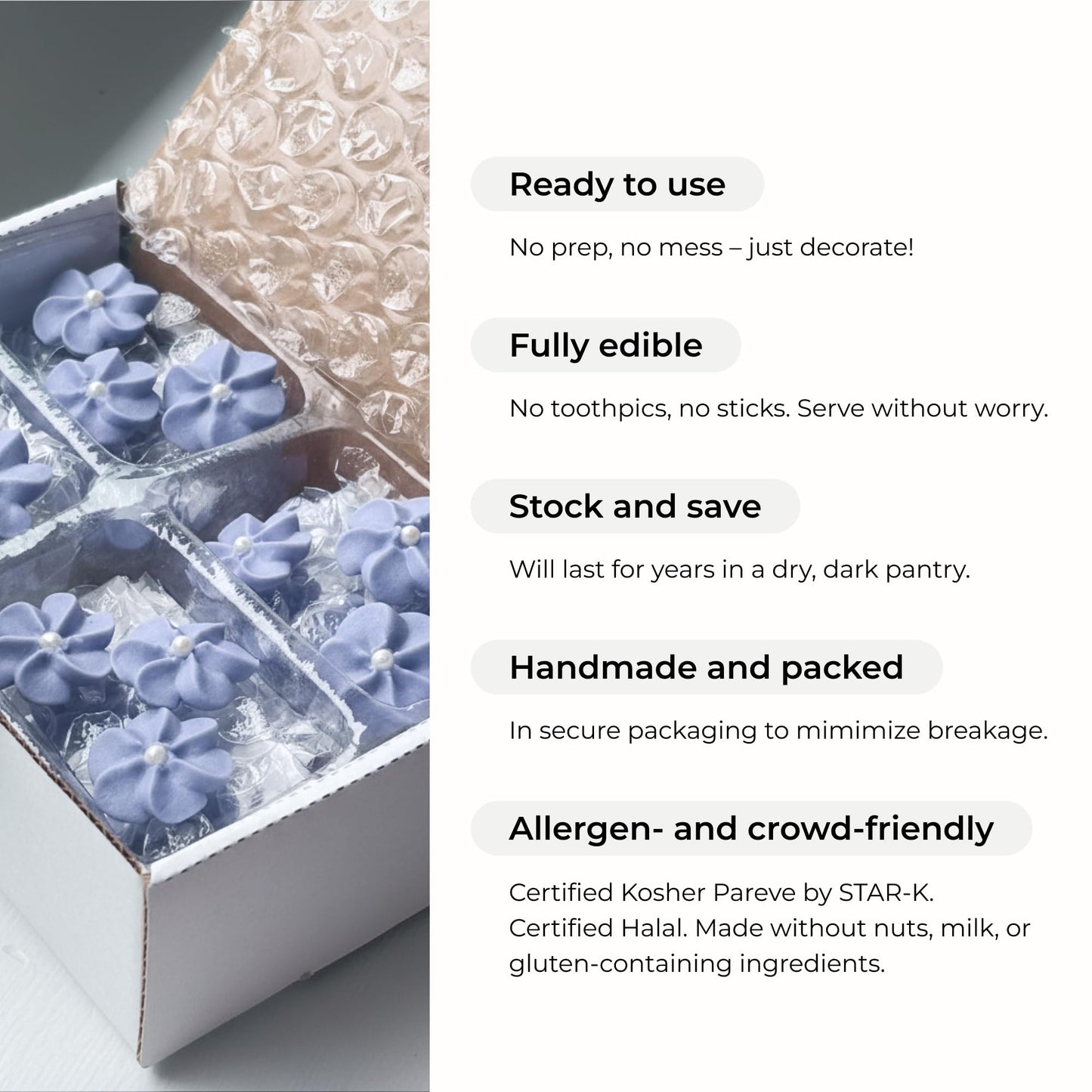 Mini Edible Royal Icing Flowers (36 Count), Petite Edible Flower Cake Decorations, Edible Flowers for Cupcakes, Flowers with Pearl Sprinkles for Cakes