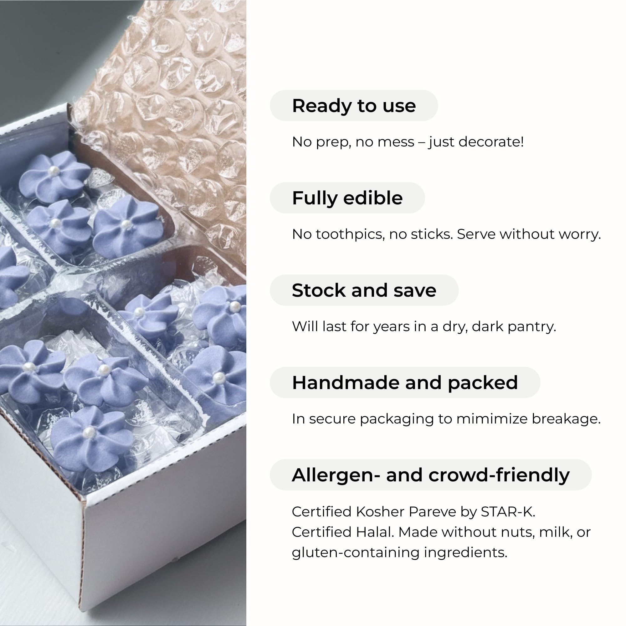 Mini Edible Royal Icing Flowers (36 Count), Petite Edible Flower Cake Decorations, Edible Flowers for Cupcakes, Flowers with Pearl Sprinkles for Cakes