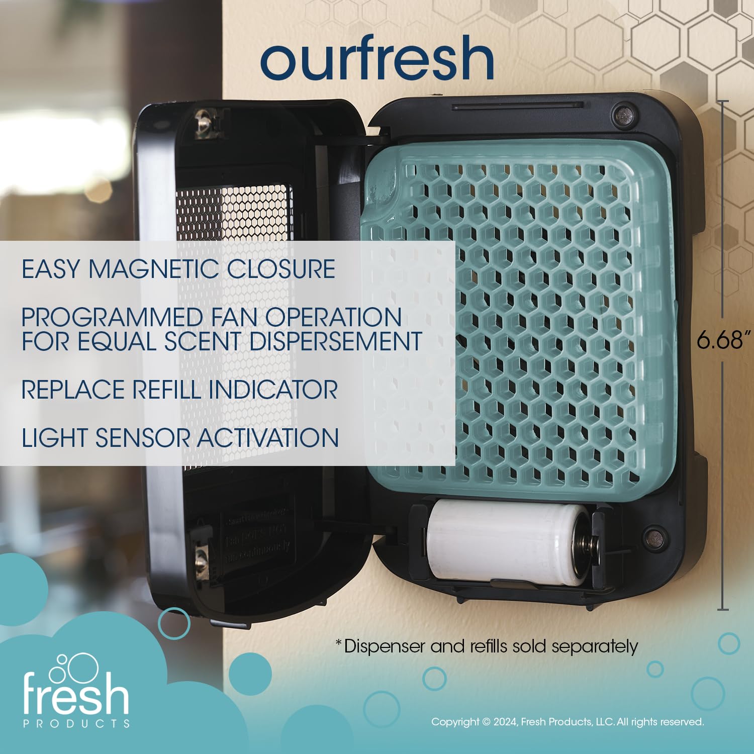 Fresh Products ourfresh 2 Air Freshener Replace Metered Aerosol with Dry Fragrance 30 Day Use Medium Sized Spaces Light Activated Battery Operated