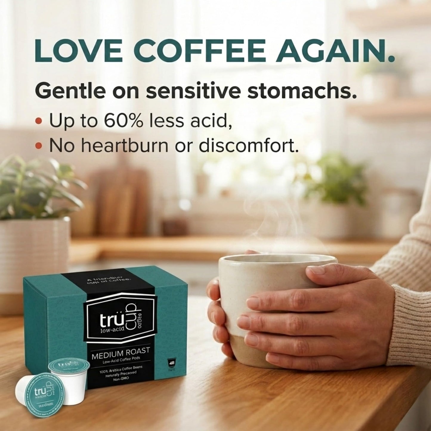 trücup Low Acid Medium Roast Coffee Pods - 48 Count Single Serve K-Cups for Keurig, Gentle on Stomach, Medium Roast