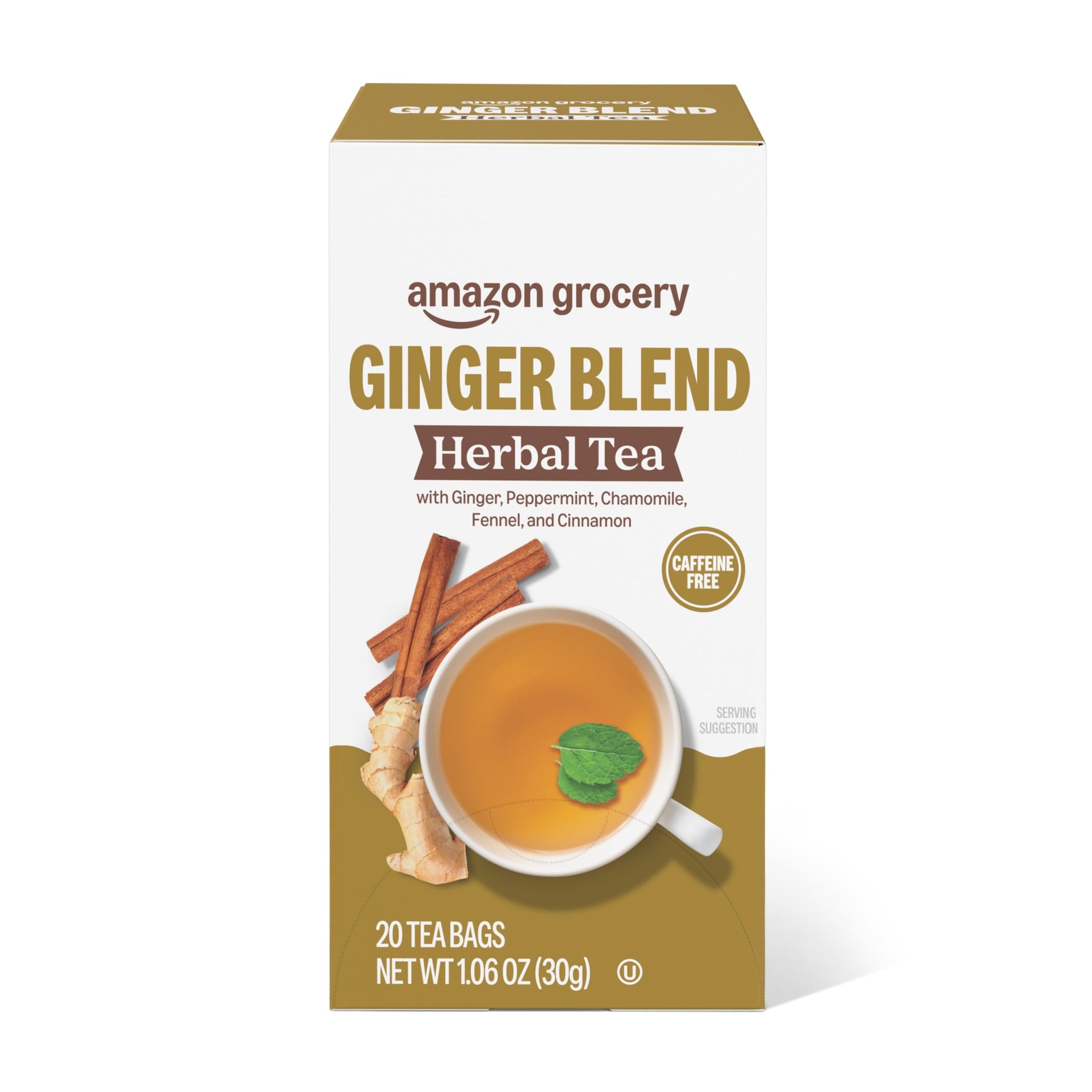 Amazon Grocery, Ginger Blend Herbal Tea Bags, Caffeine Free, 20 Ct