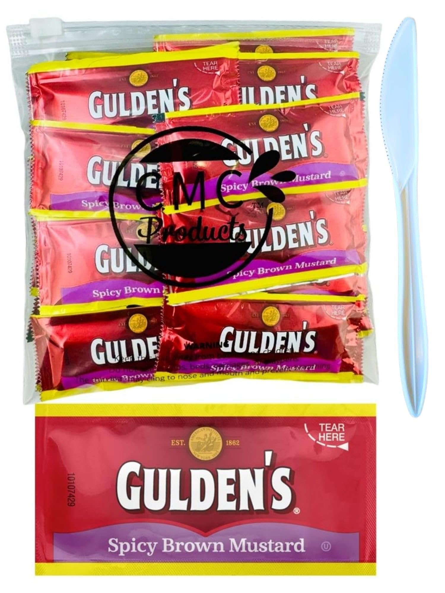Gift Set: Spicy Brown Mustard Packets (9g) - 25 Count with Spreader in Food-Safe Slide-Seal Bag by CMC Products (approximately 25 packets)