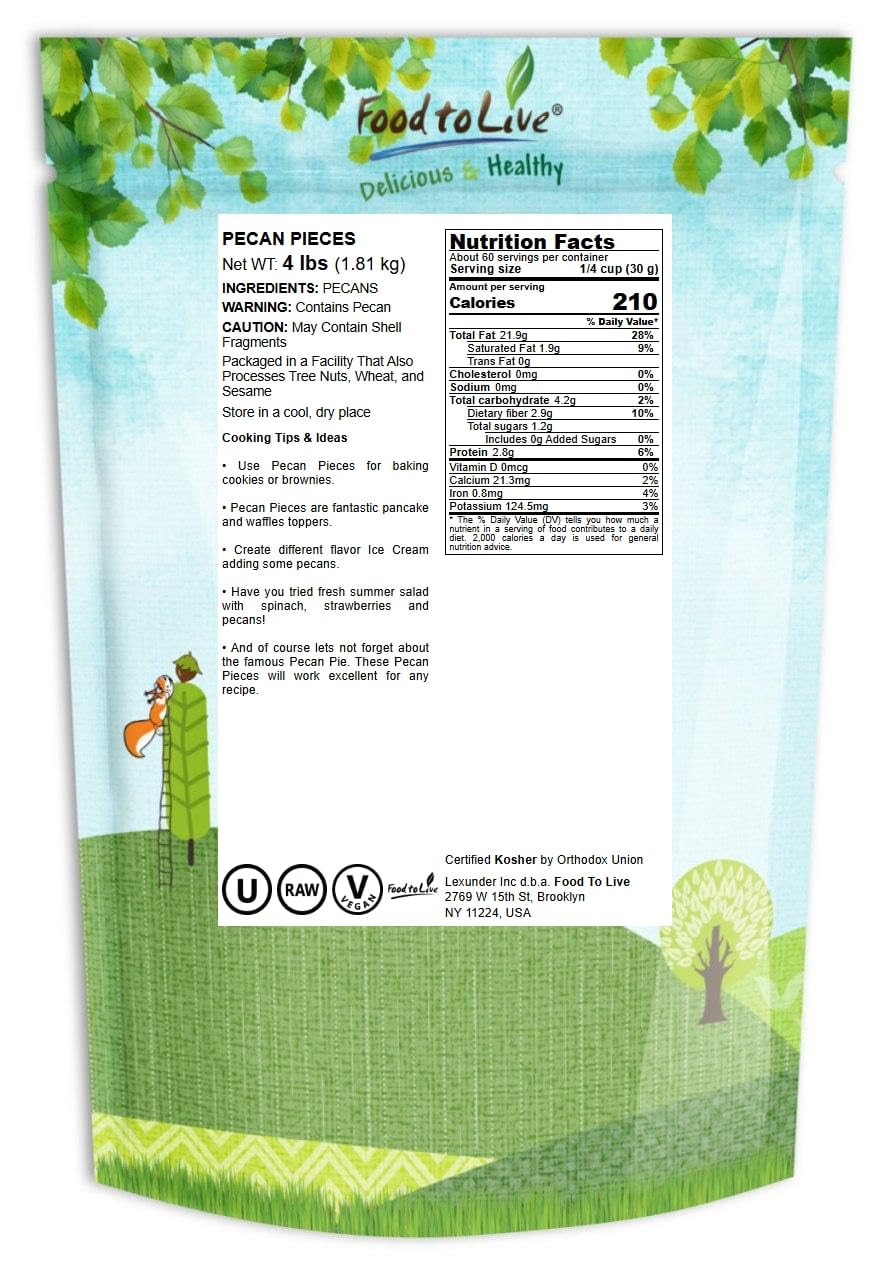 Food to Live Pecan Pieces, 4 Pounds - Chopped Raw Pecan Nuts, Unsalted, Unroasted, Shelled, Kosher, Vegan, Sirtfood, Bulk. Good Source of Iron