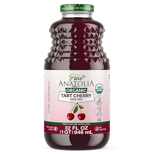 Pure Anatolia Organic Tart Cherry Juice 32 fl oz - Unsweetened Pure Tart Cherry Juice Organic - No Sugar Added, Non GMO, Gluten Free, Kosher - Sour