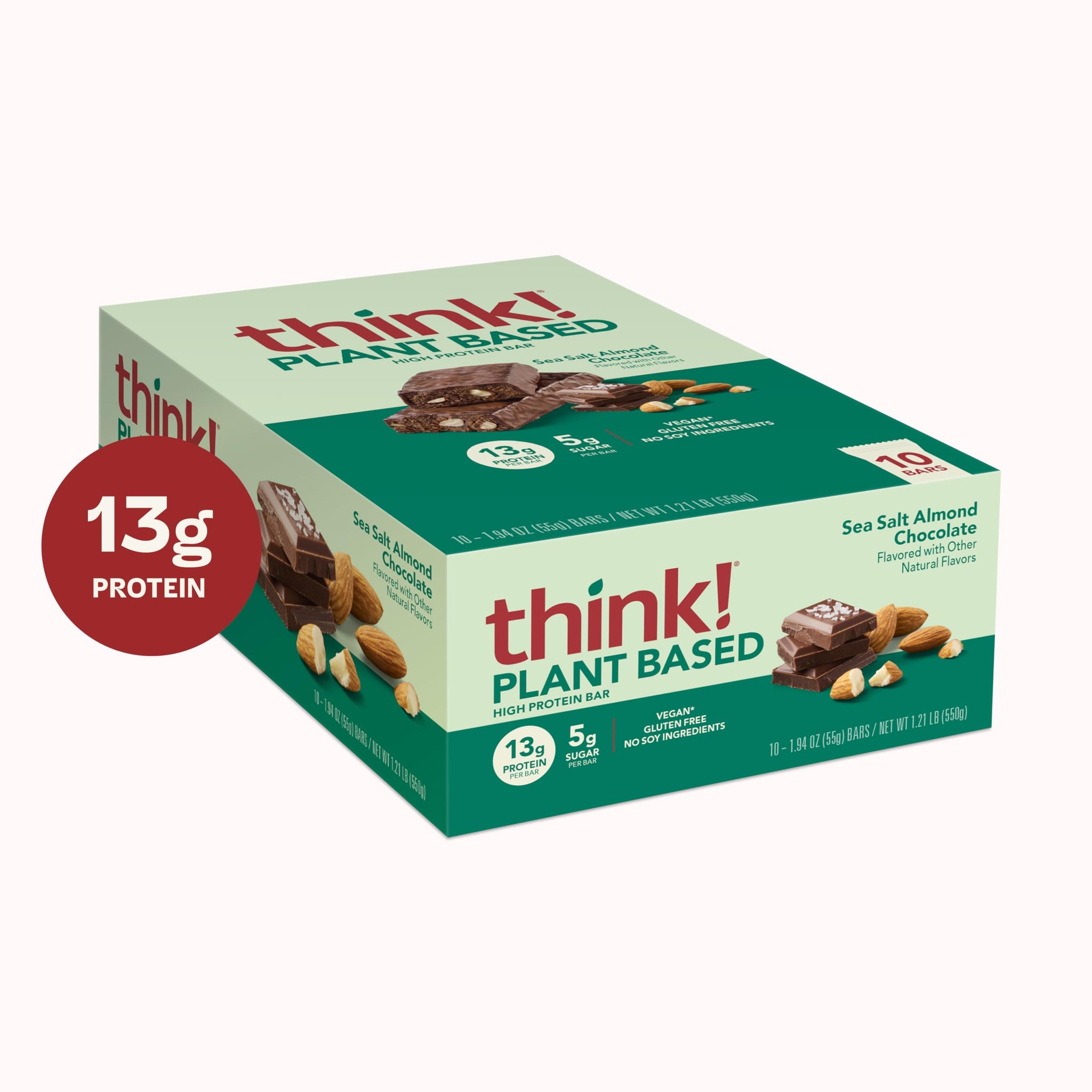 think! Vegan/Plant Based High Protein Bars - Sea Salt Almond Chocolate, 13g Protein, 5g Sugar, No Artificial Sweeteners, Non GMO Project Verified, 10