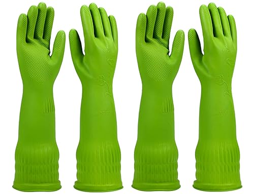 IUCGE Dishwashing gloves 2 Pairs for kitchen,Rubber cleaning gloves,Long dish gloves reuseable.(Small,Green)