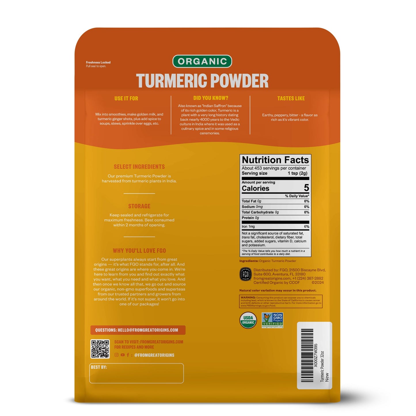 FGO Organic Turmeric Powder w/Curcumin, 2 Pound / 32oz Bulk Resealable Pouch, USDA Organic and Non-GMO, Sourced from India, Packaging May Vary (Pack