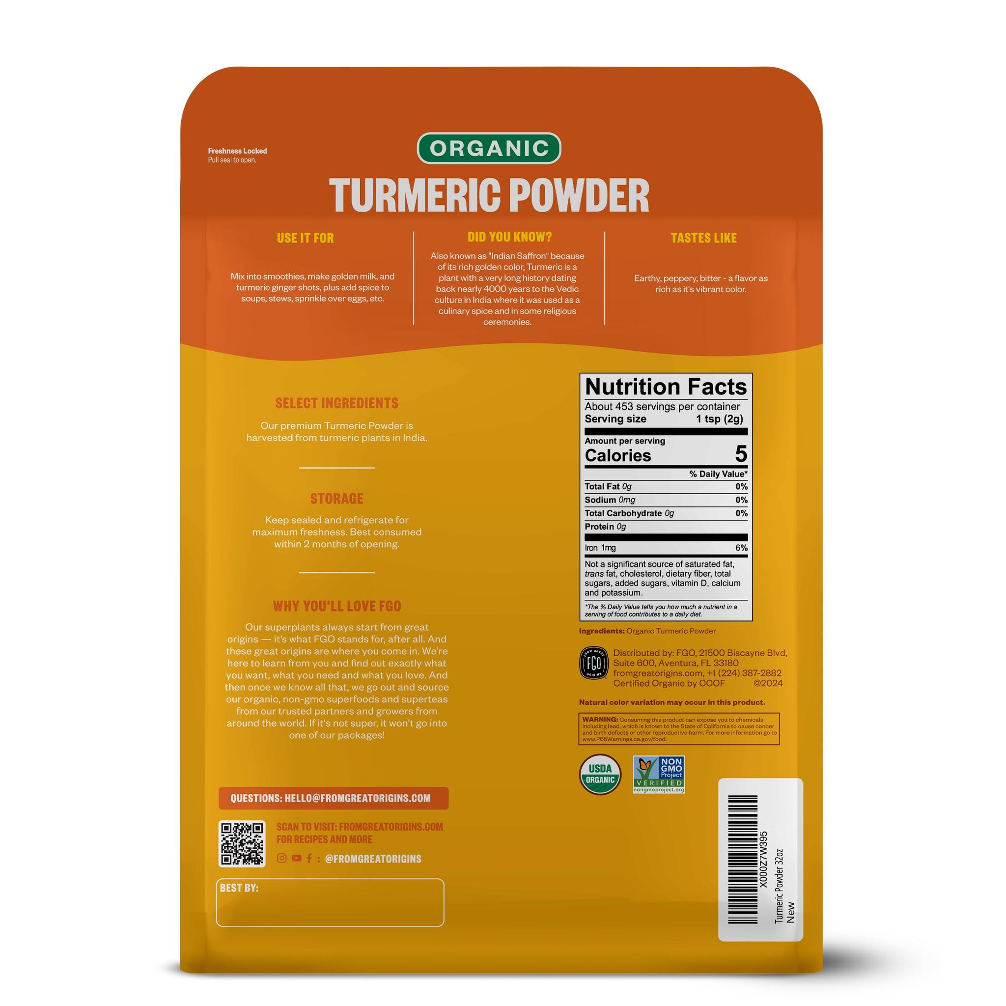 FGO Organic Turmeric Powder w/Curcumin, 2 Pound / 32oz Bulk Resealable Pouch, USDA Organic and Non-GMO, Sourced from India, Packaging May Vary (Pack