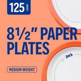 Perk 8.5 Inch Paper Plates, 125 Count, Medium-Weight Microwave Safe Disposable Plates for Everyday Use & Parties