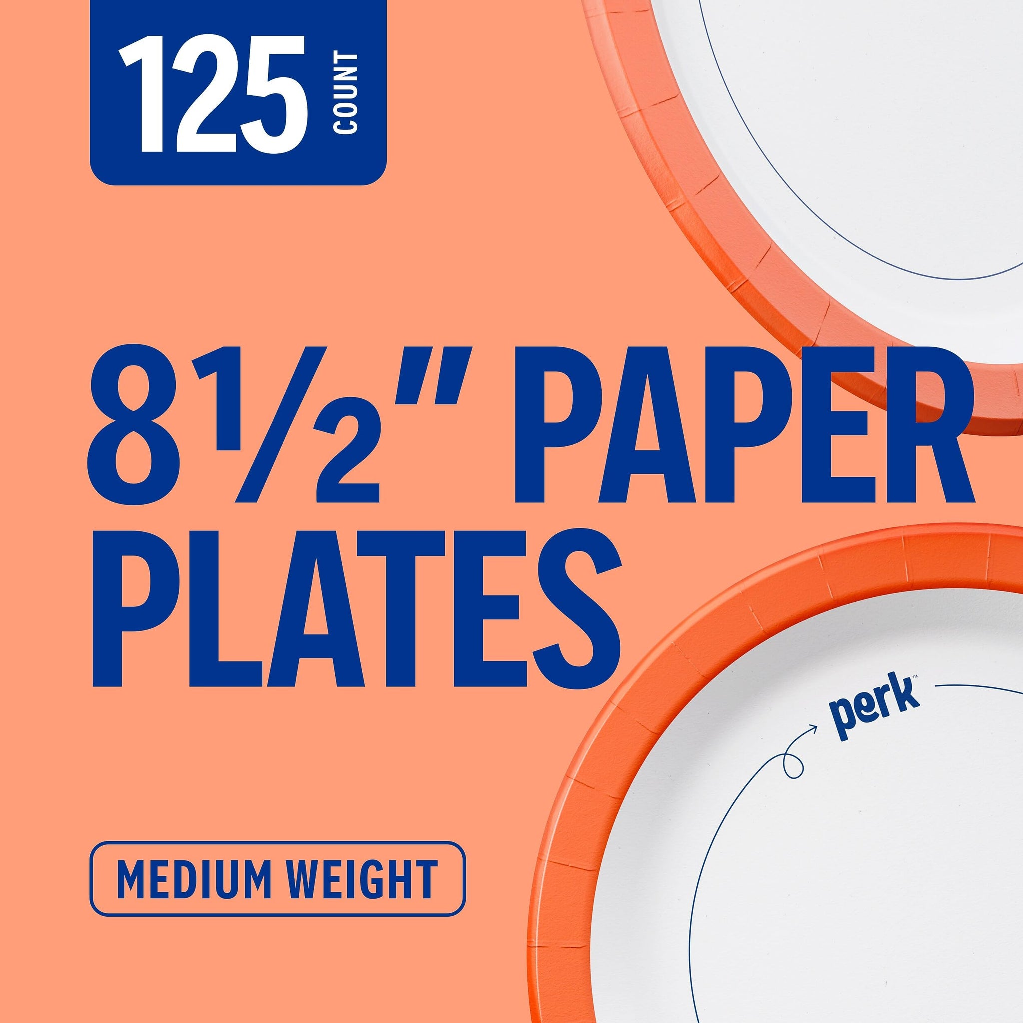 Perk 8.5 Inch Paper Plates, 125 Count, Medium-Weight Microwave Safe Disposable Plates for Everyday Use & Parties