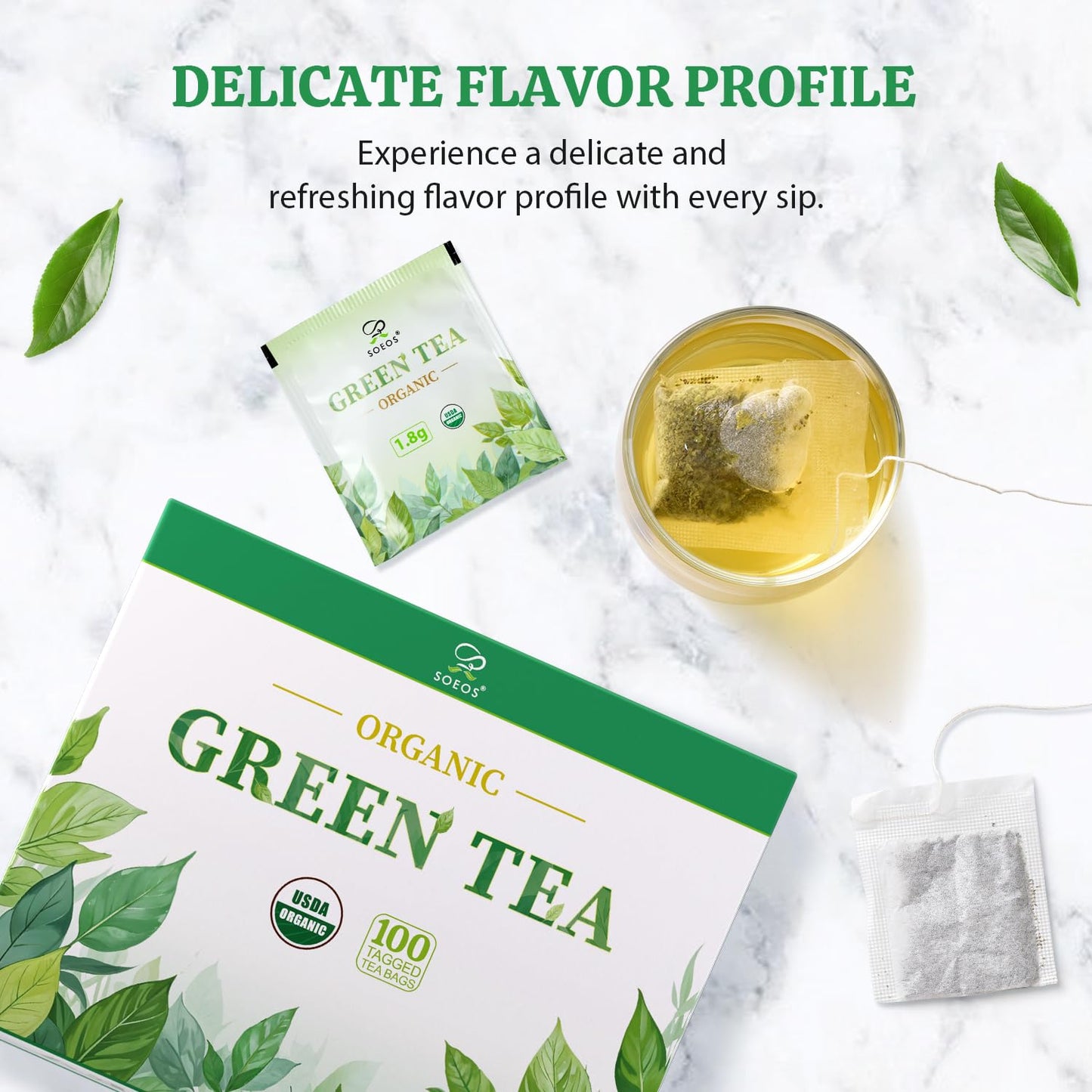Soeos Organic Green Tea, 100 Tea Bags (Pack of 1), Caffeinated, Fresh and Healthy Green Tea, 6.3 Ounce