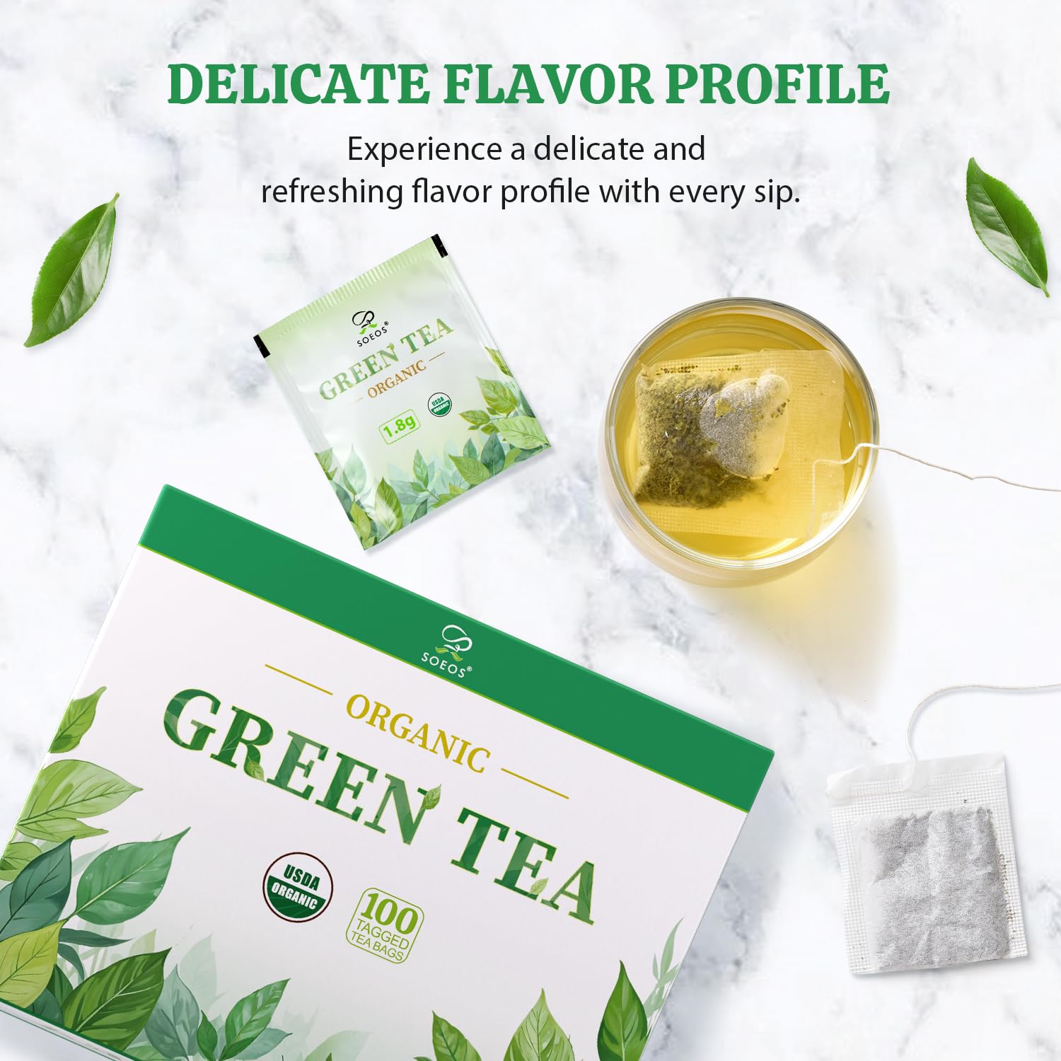 Soeos Organic Green Tea, 100 Tea Bags (Pack of 1), Caffeinated, Fresh and Healthy Green Tea, 6.3 Ounce