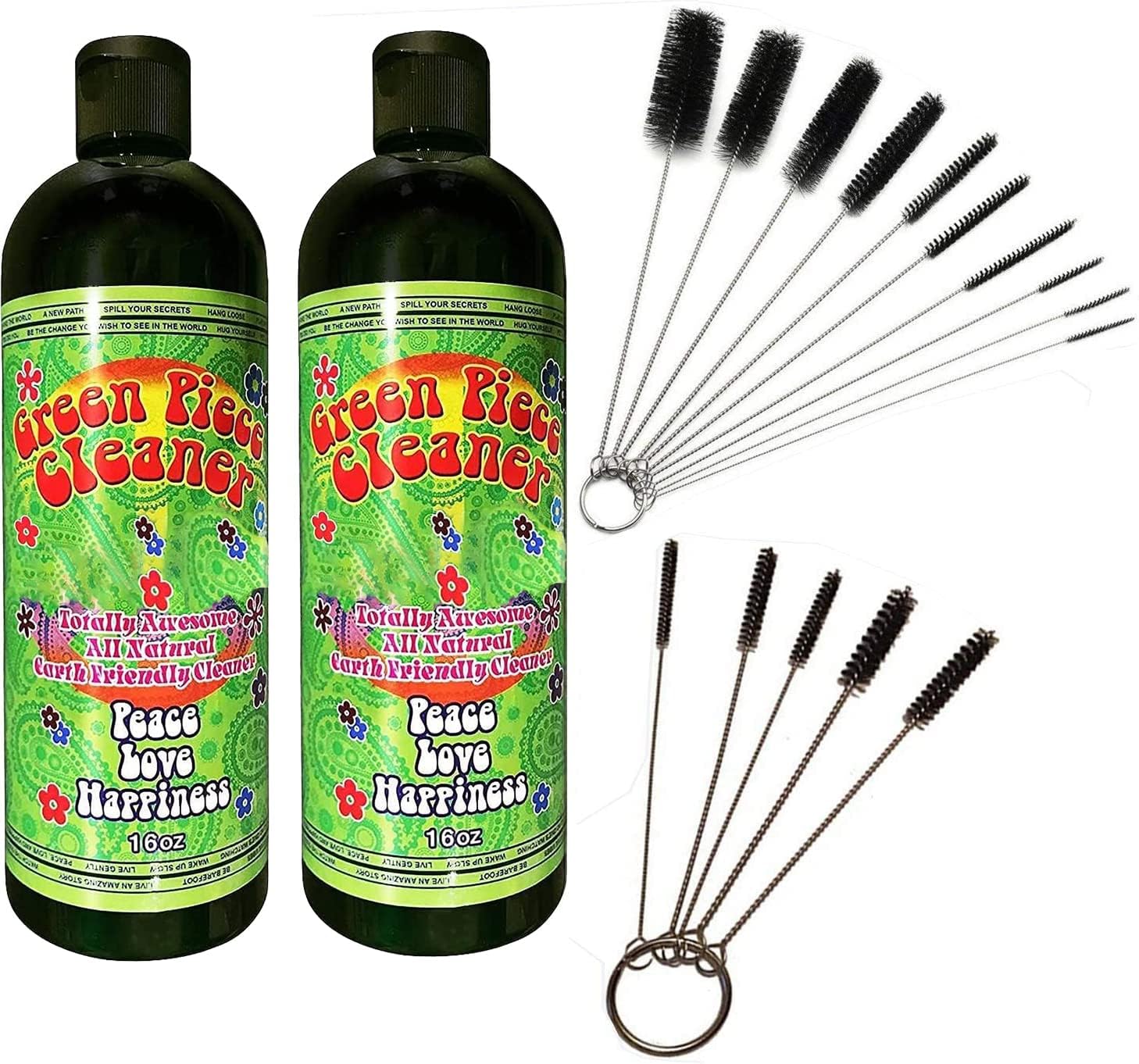 Green Piece® 2 bottles of the 16 oz (Made in USA) with 5 piece glass tube cleaner and 10 piece glass tube cleaner (2 Glass Cleaners with 15 Nylon