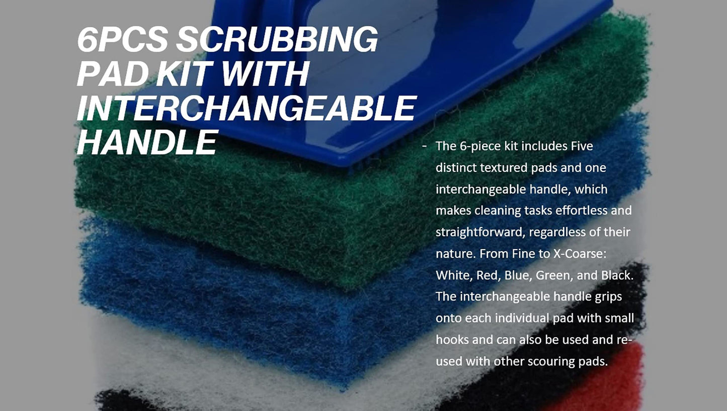Pro-Graad 6pcs Scrubbing Pad Kit Interchangeable Reusable Handle | 5 Different Scrubbing & Scouring Pads: Red, White, Blue, Green, Black |