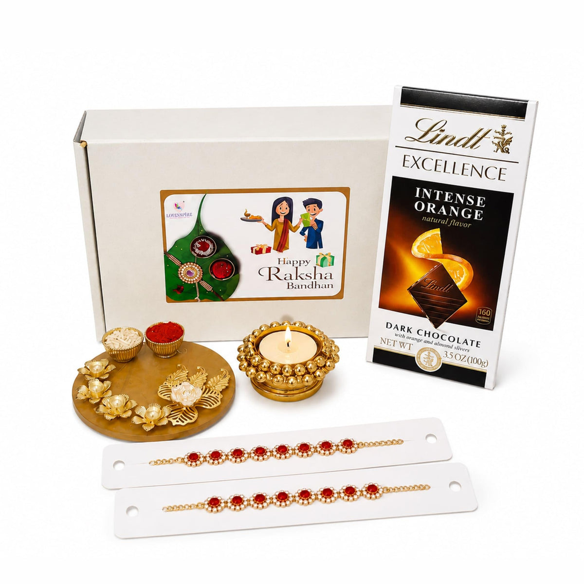 LoveNspire Rakhi Gift Hamper Set for Brother & Bhabhi - Set of 2 Bracelet Rakhis with Tealight Candle Holder, Haldi Kumkum Plate, Roli Chawal