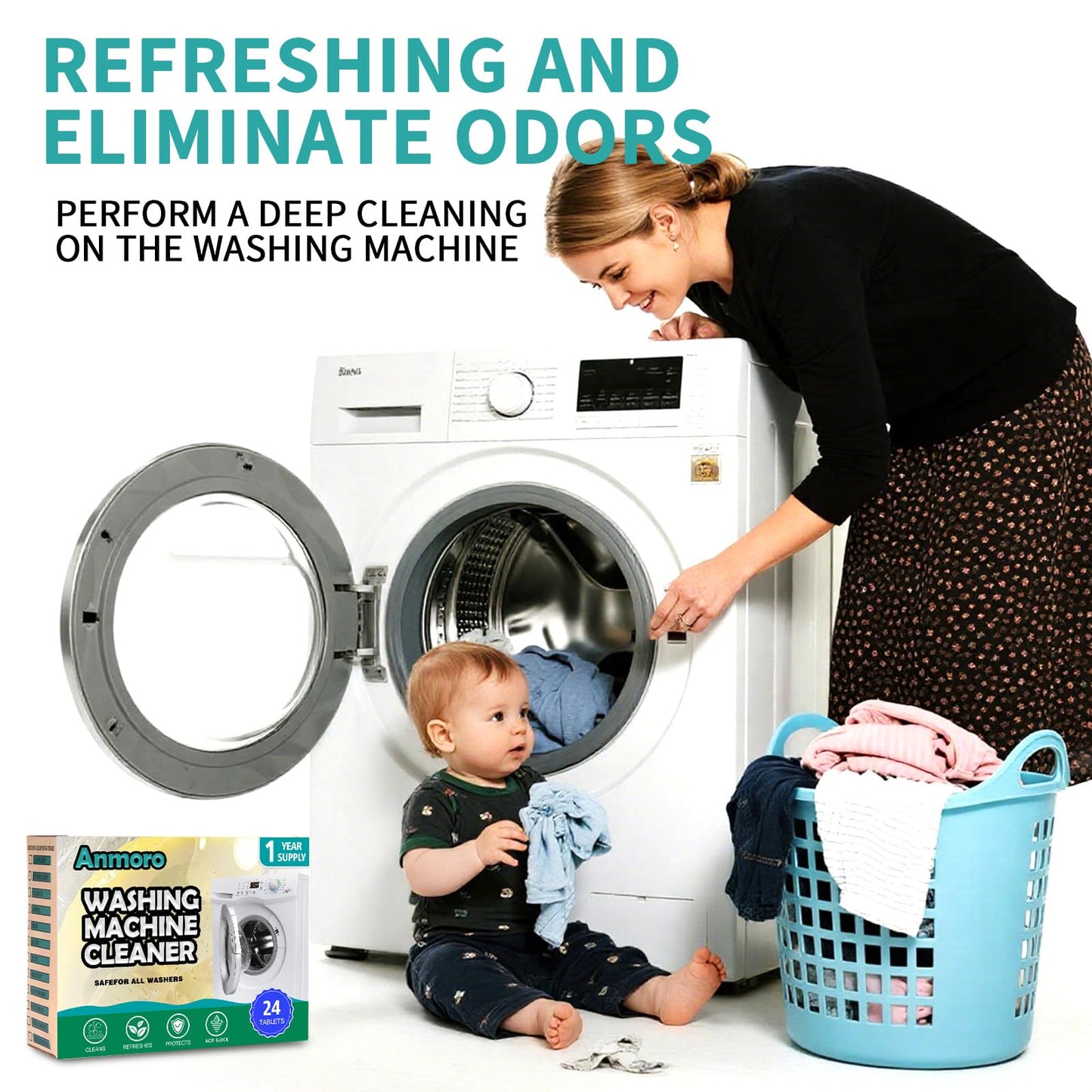 Anmoro Washing Machine Cleaner Tablets,24 Pack Deep Cleaning Tablets for HE,Front & Top Load Washers - Eliminates Odor-Causing Buildup,Debris from the