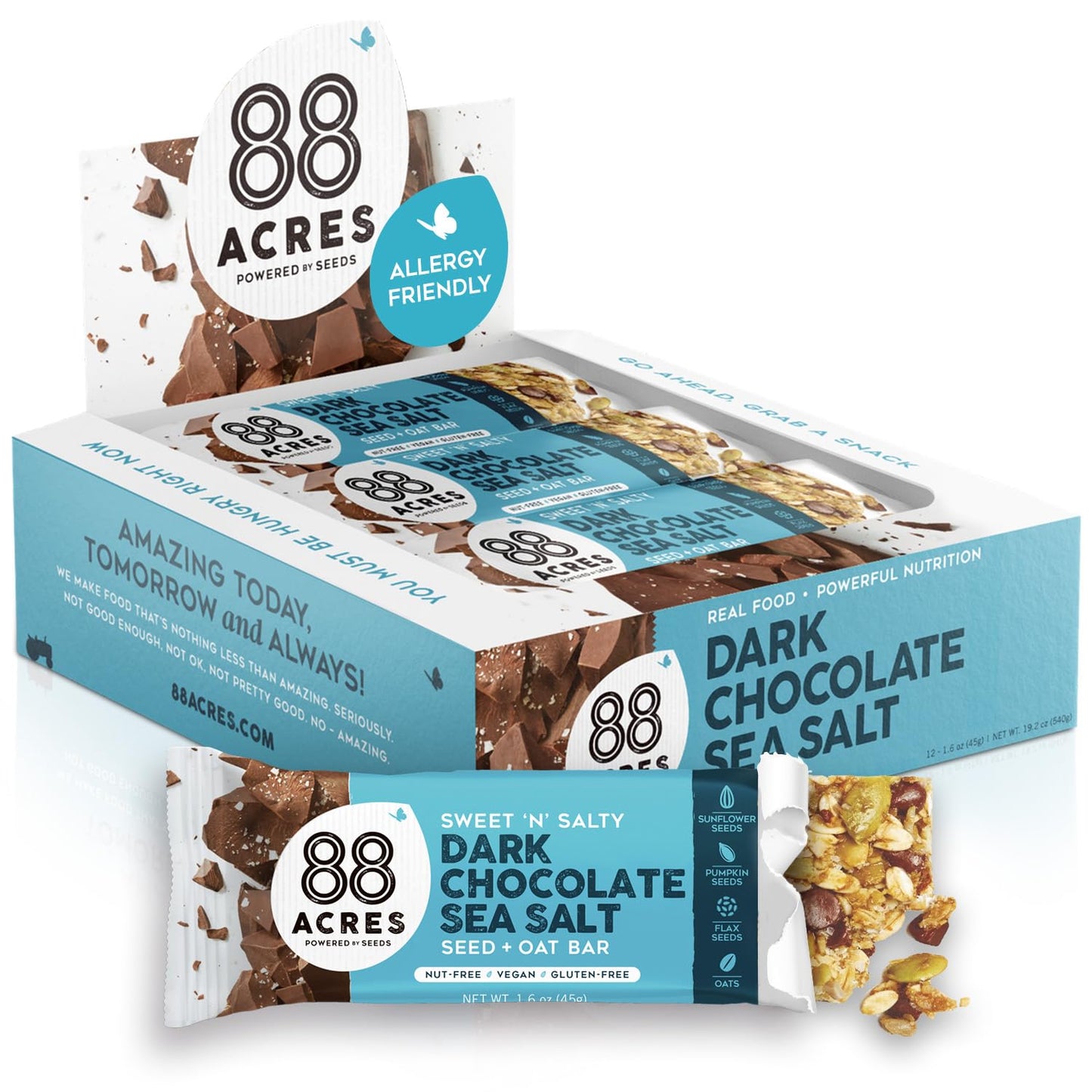 88 Acres Granola Bars, Dark Chocolate Sea Salt, 12 Count, School Safe, Allergen Free Seed & Oat Snack Bar, Gluten & Nut Free, Vegan, Non-GMO & Kosher