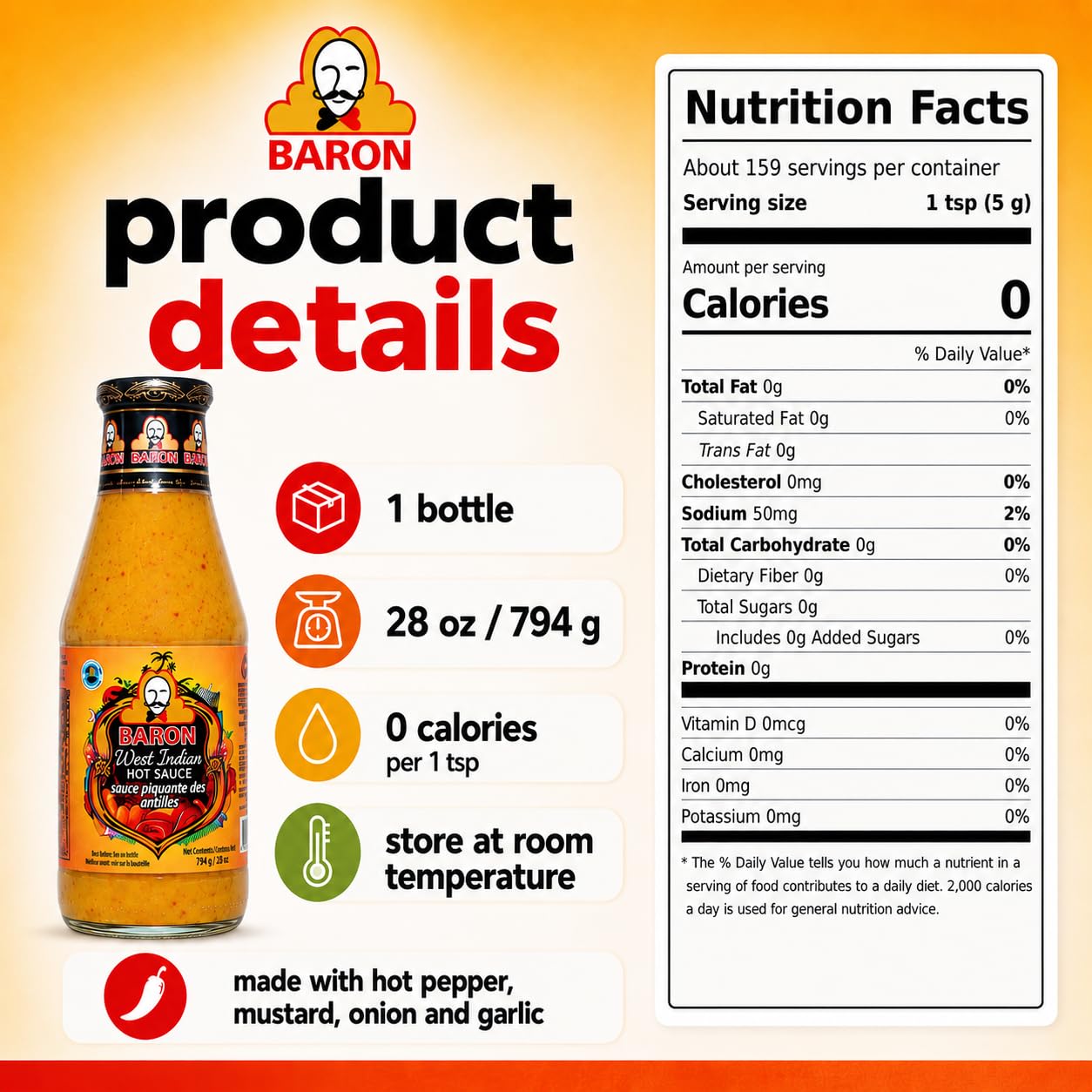 Baron West Indian Hot Sauce - 28 fl.oz