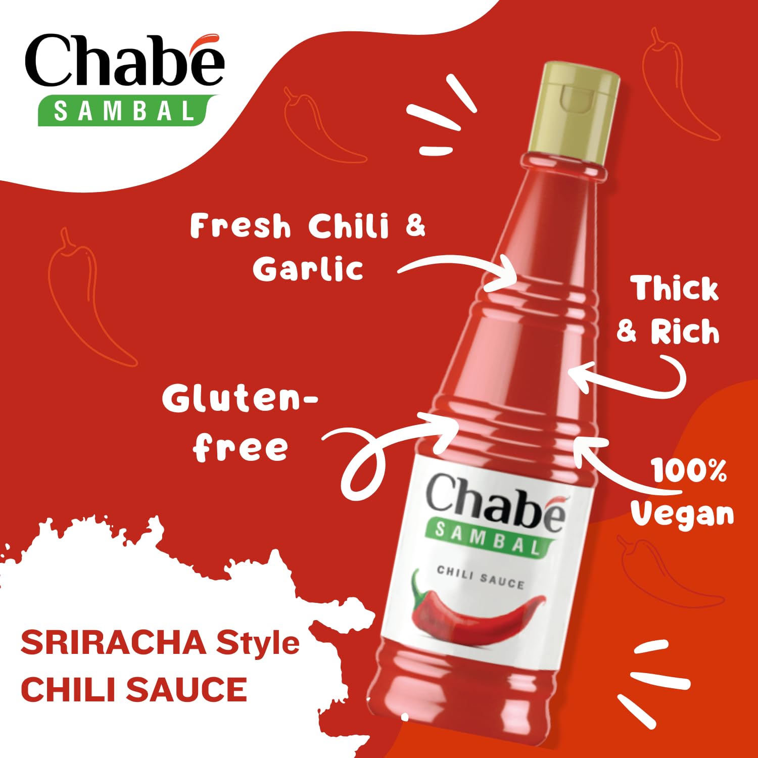 Chabé Sambal Chili Hot Sauce, 10.9 Oz, Spicy Sriracha Style, No MSG, Gluten Free, Vegan, Made with Chili & Garlic, Halal