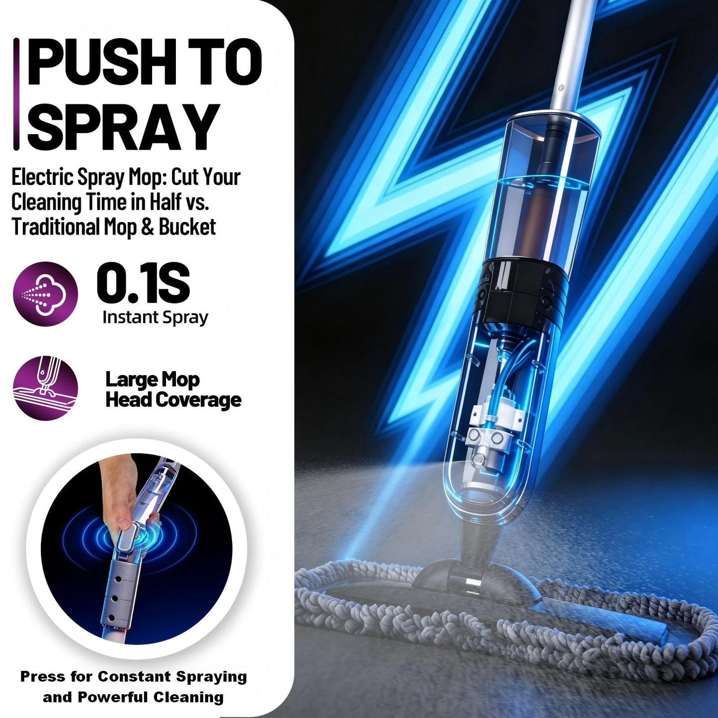 Electric Spray Mop Floor Cleaner with 2 Mopping Pads 720ml Bottle & Scraper 360° Swivel Head Lightweight Cordless Wet Dry Cleaner for Hardwood Floor