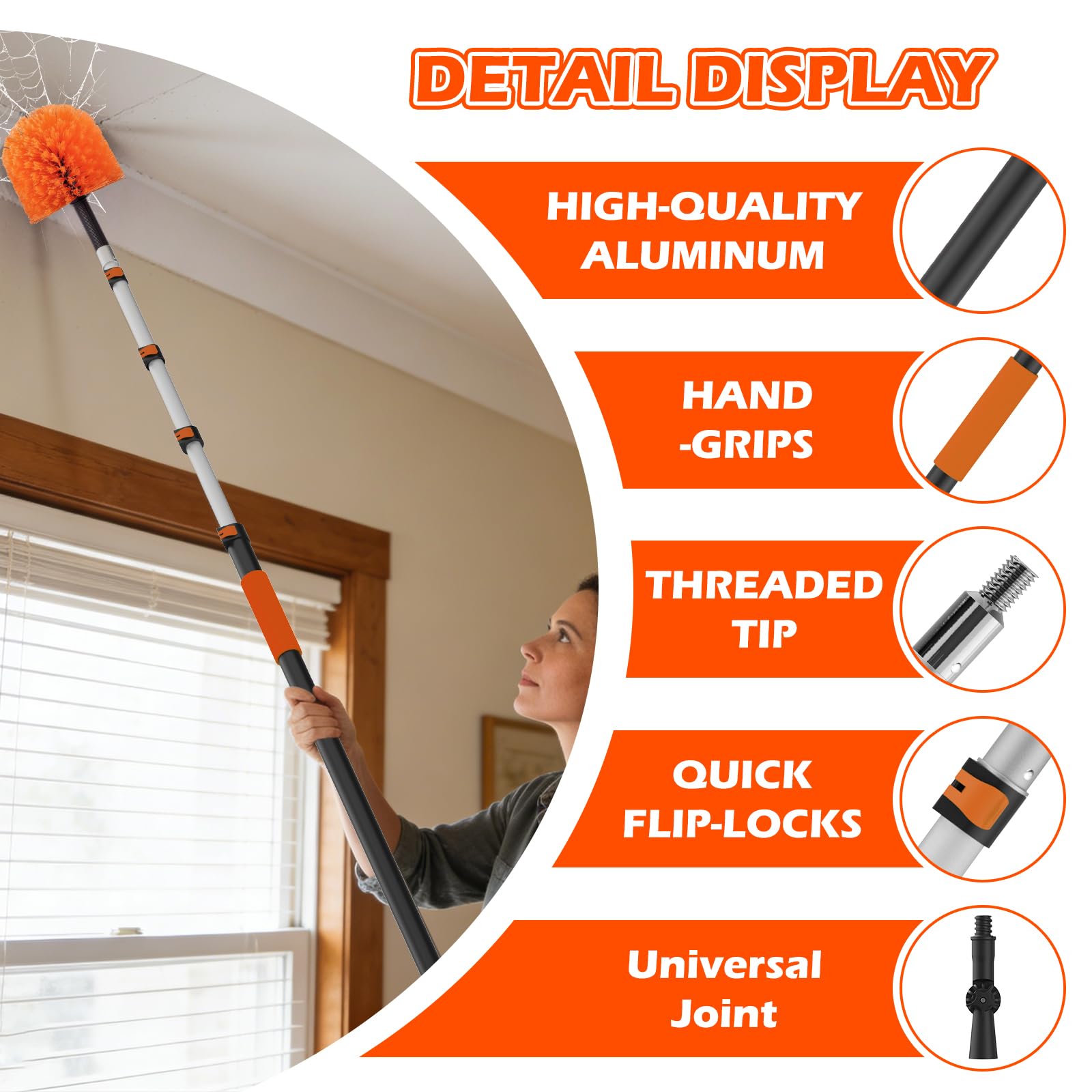 16FT Reach High Ceiling Duster Kits with 3-12FT Adjustable Pole - Includes Extra Long Duster, High Ceiling Duster, Rotatable Window Squeegee & Cobweb