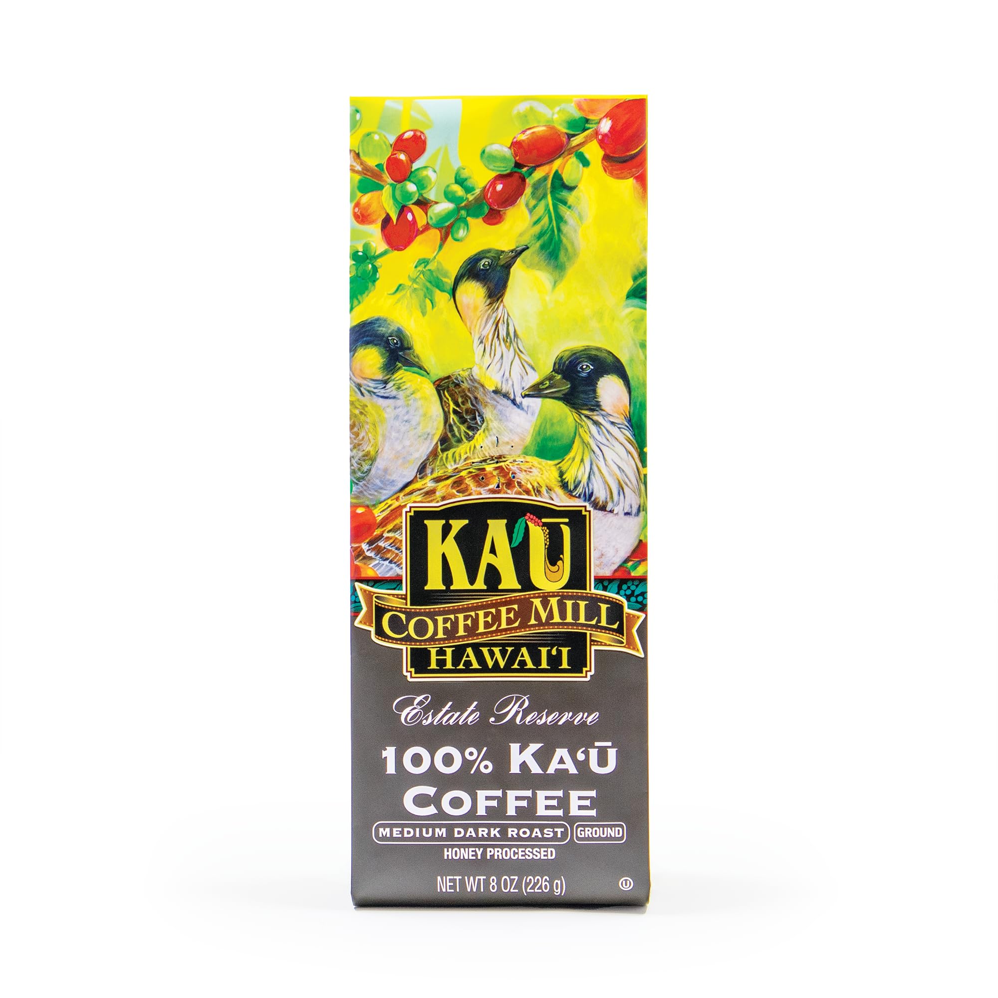 Ka'u Coffee Mill Estate Reserve Medium Dark Roast Ground Coffee - Honey Processed - Pure Ka'u - Specialty - Handpicked Hawaii Grown Arabica Beans