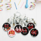 Happy 44th Birthday Party Favor Labels Chocolate Candy Stickers - 44 Years Old Birthday Round Candy Sticker Party Favors - Black and Red - 150