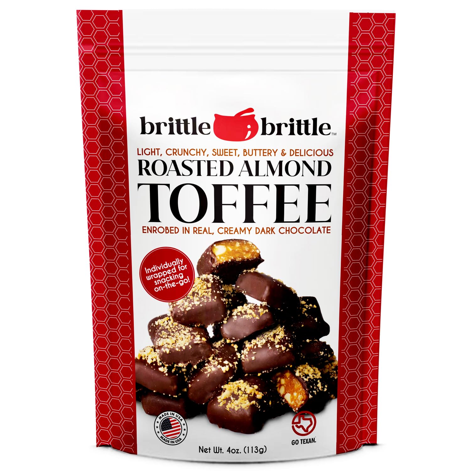 brittle-brittle Roasted Almond Toffee Candy with Dark Chocolate, Handcrafted Gourmet Dessert, Individually Wrapped Treat, Perfect Snack or Gift, 4oz