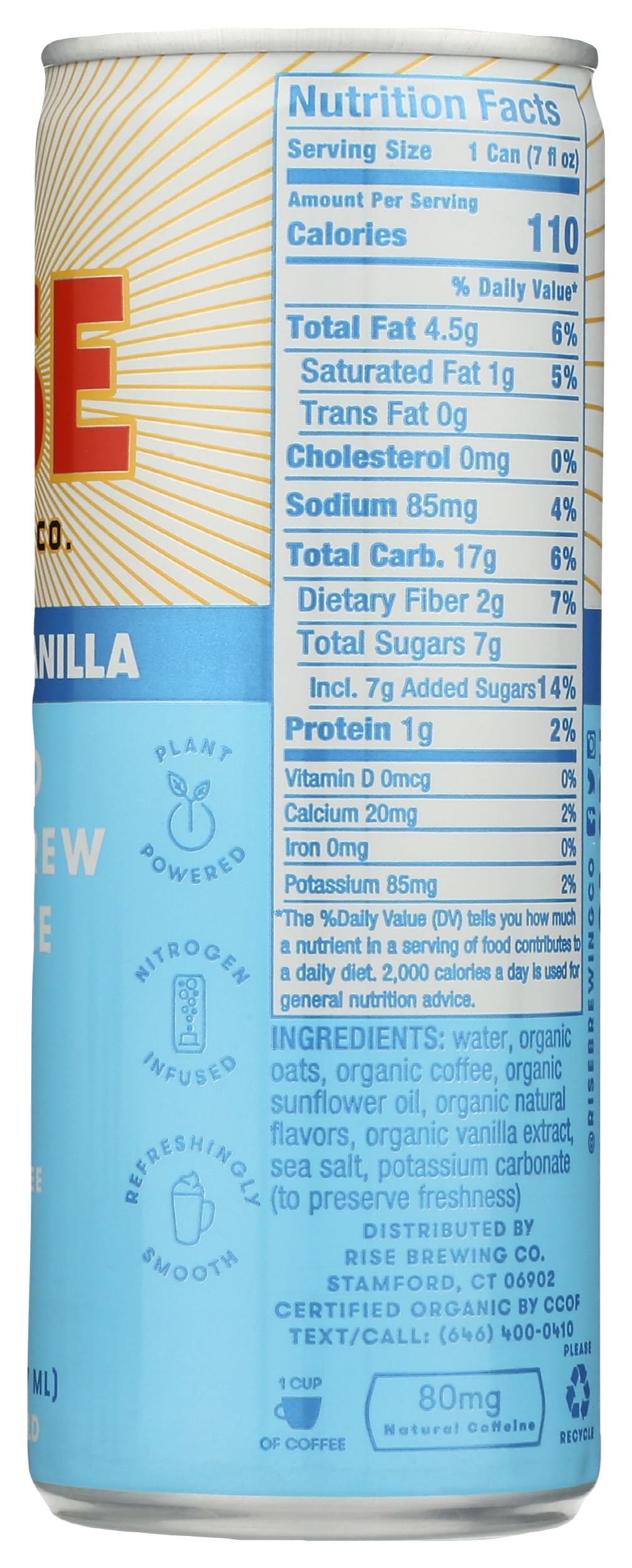 Rise Brewing Co, Coffee Nitro Cold Brew Vanilla Oat Milk Latte Organic, 7 Ounce