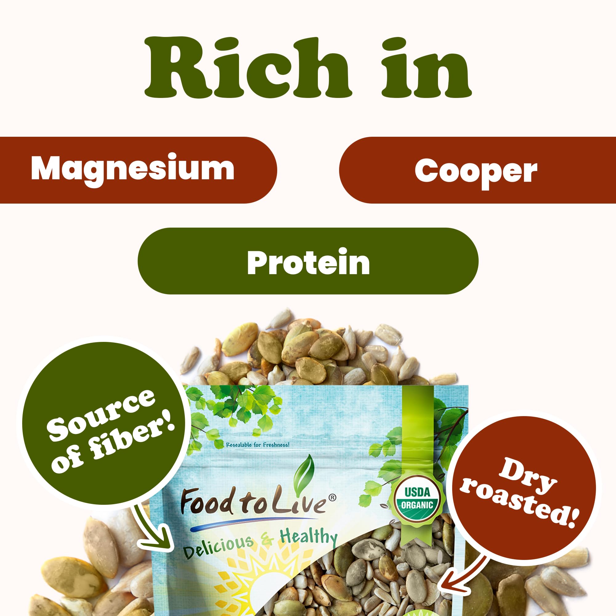 Food to Live Organic Dry Roasted Sunflower and Pumpkin Seed Mix with Himalayan Salt, 1 Pound - Oven Roasted, Lightly Salted, No Oil, Perfect