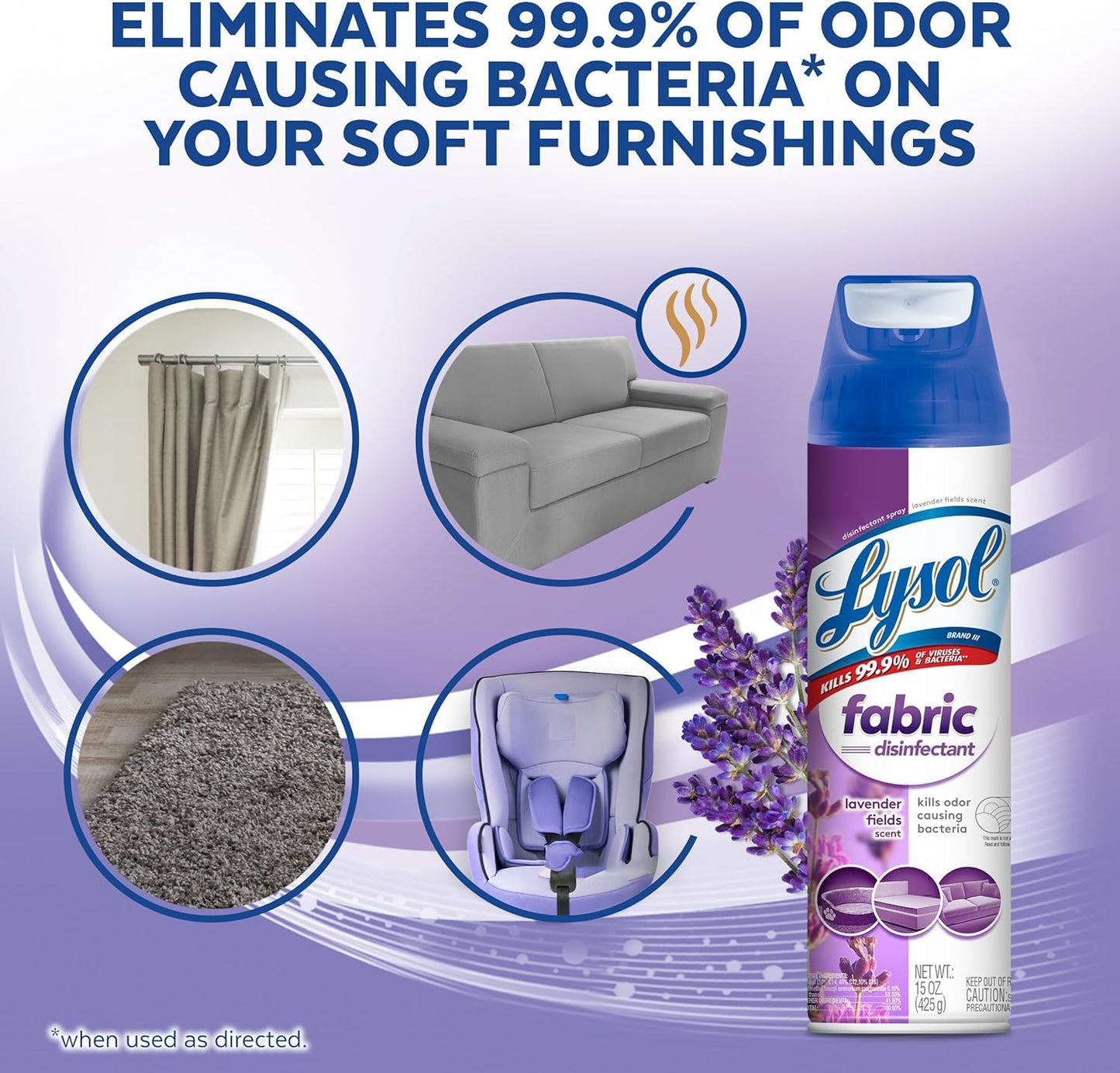 Lysol Fabric Disinfectant Spray, Sanitizing and Antibacterial Spray, For Disinfecting and Deodorizing Soft Furnishings, Lavender Fields 15 Fl. Oz