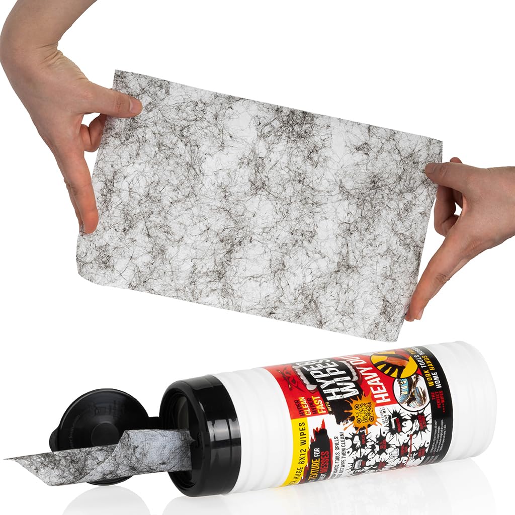 Hyper Wipes, 12 Pack Heavy Duty Hand & Tool Cleaning Wipes, 7"x12" Size Multi-Surface Cleaning Wipes, Degreasing, All Purpose Cleaner, Bathroom