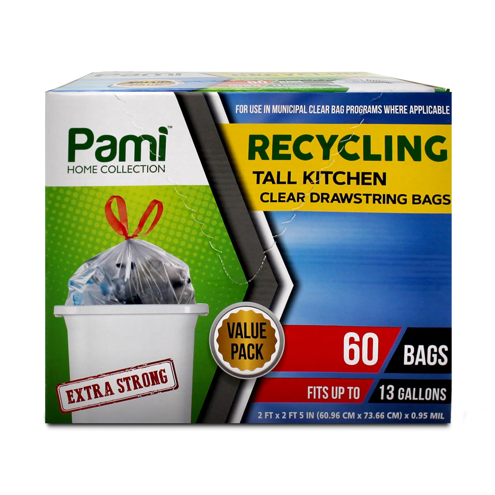 PAMI Recycling Tall Kitchen Drawstring Trash Bags- Extra-Strong Plastic Garbage Bags- Thick Trash Can Liners For Kitchen & Outdoor Bins- 2ft x2ft