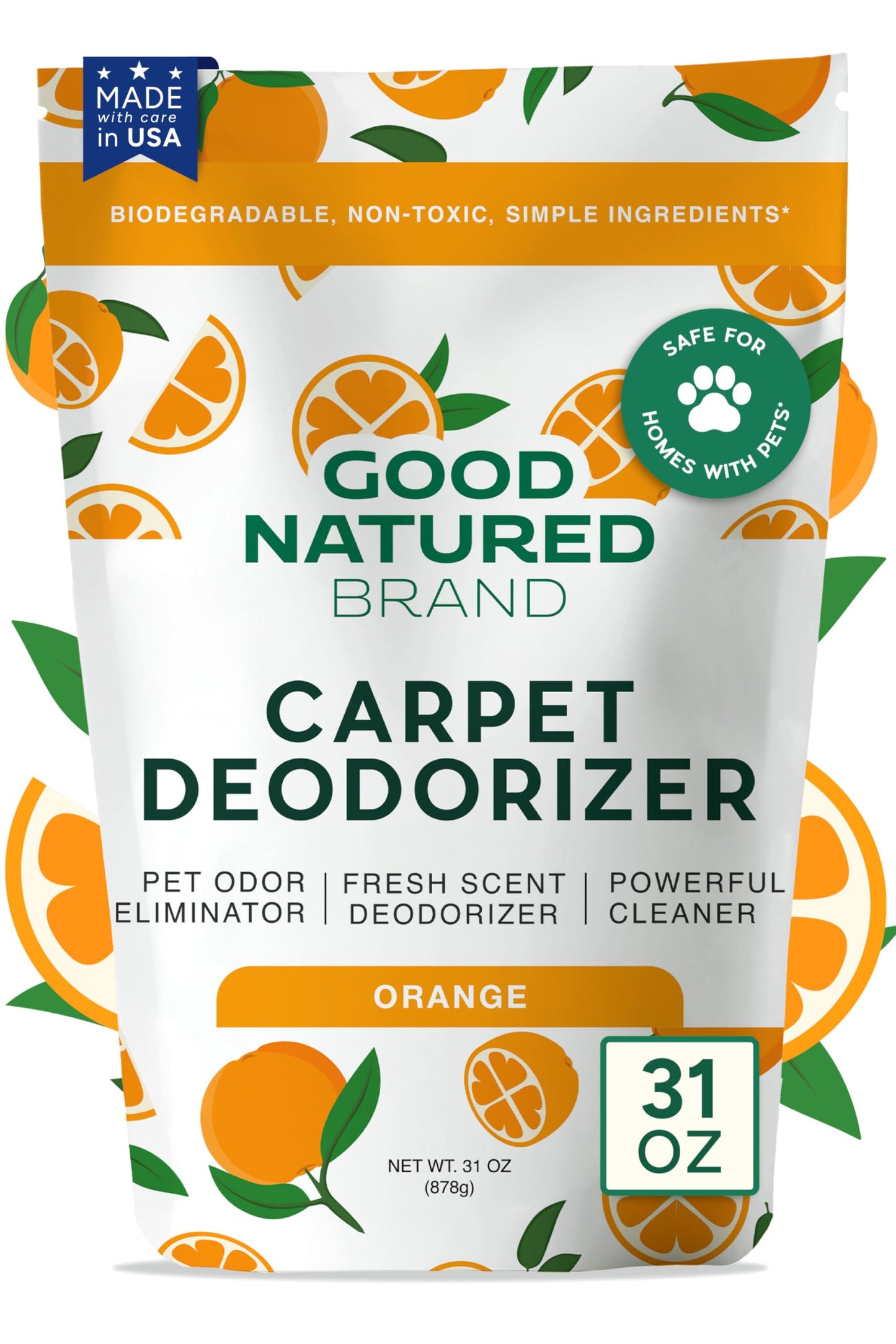 Good Natured Brand | Carpet Deodorizer & Freshener Powder | 31 oz Pet Odor Eliminator for Strong Odor & Pet Urine | Fresh Natural Sweet Orange Scent |