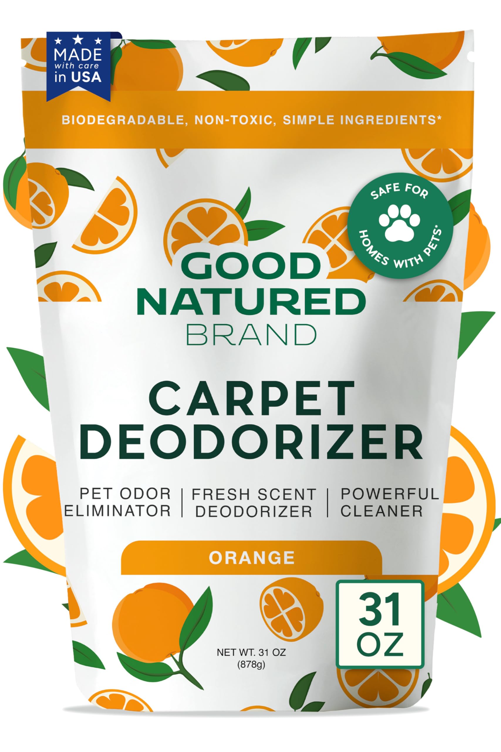 Good Natured Brand | Carpet Deodorizer & Freshener Powder | 31 oz Pet Odor Eliminator for Strong Odor & Pet Urine | Fresh Natural Sweet Orange Scent |