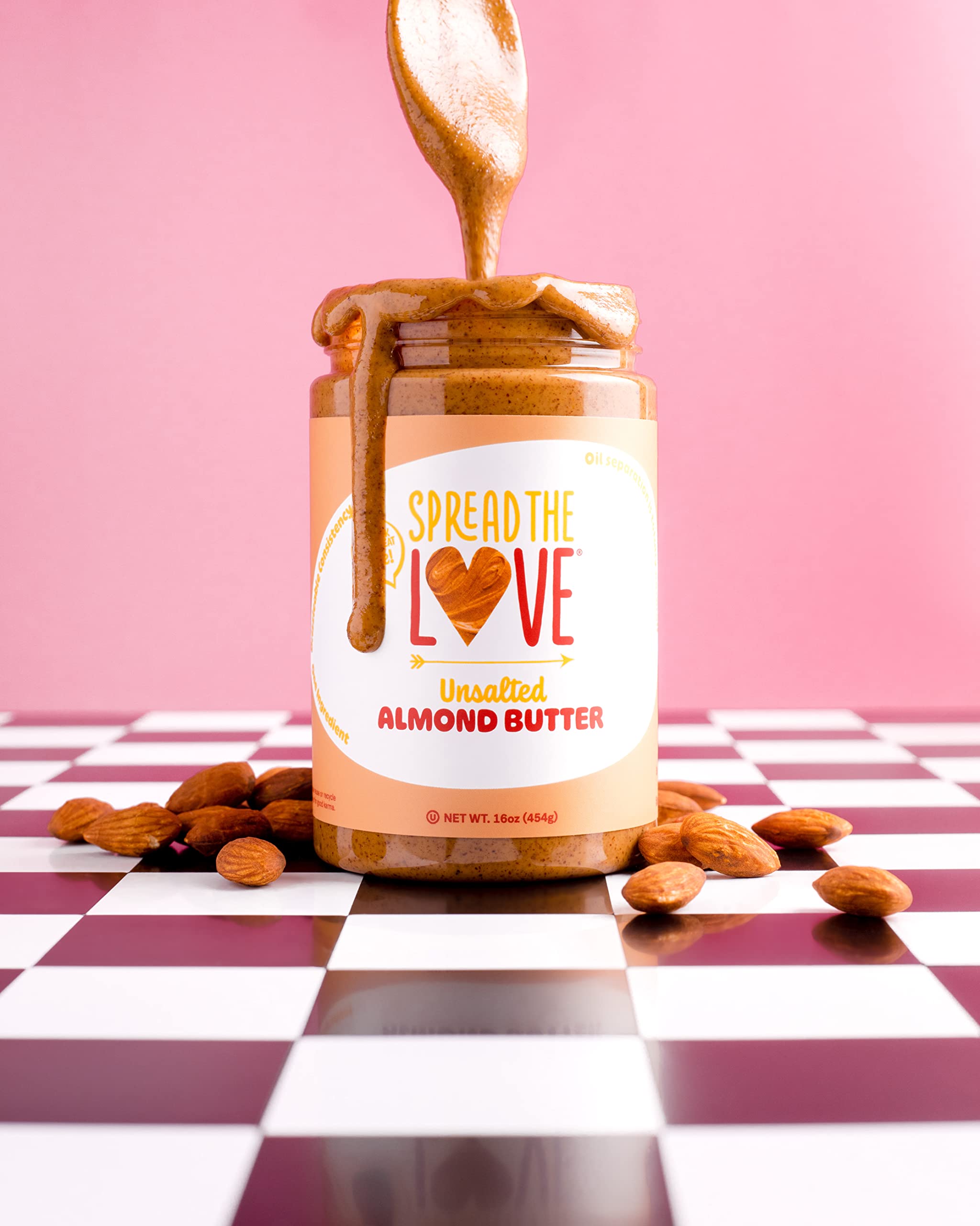 Spread The Love UNSALTED Almond Butter, 16 Ounce (All Natural, Vegan, Gluten-free, Creamy, No added salt, No added sugar, No palm fruit oil, Not